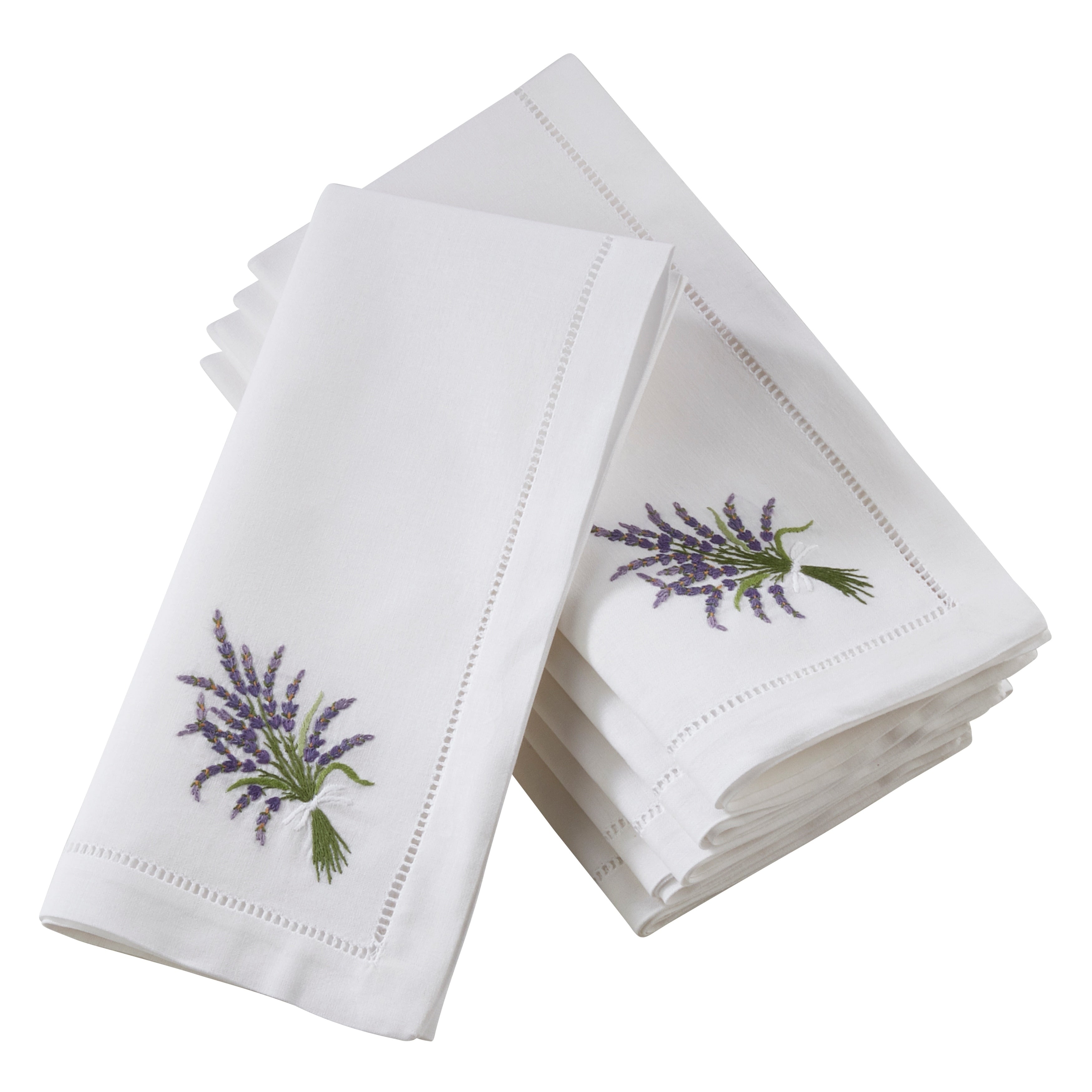 Table Napkins With Hemstitch Border And Lavender Embroidery Set Of 6