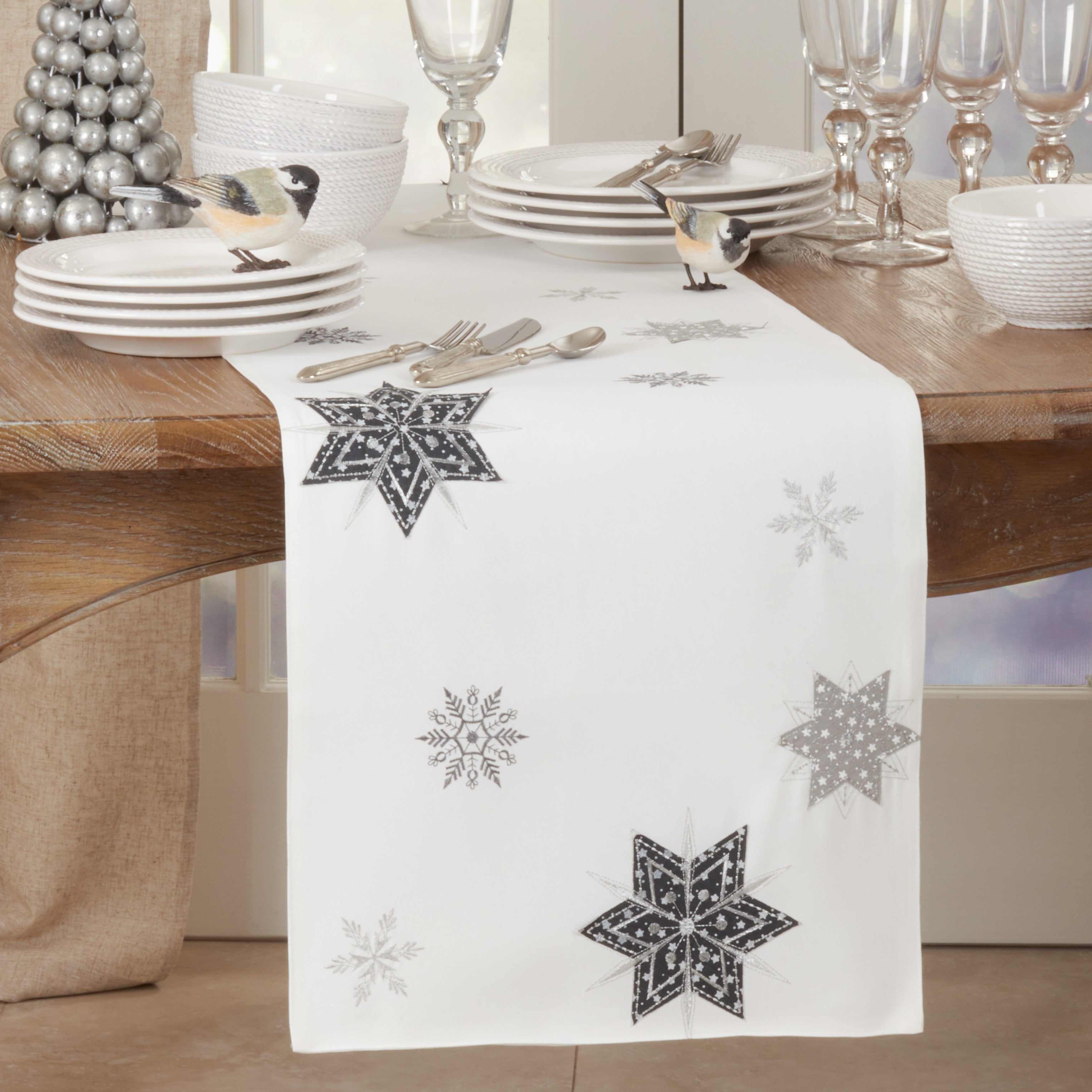 Table Runner With Embroidered Snowflakes Design 16 X70