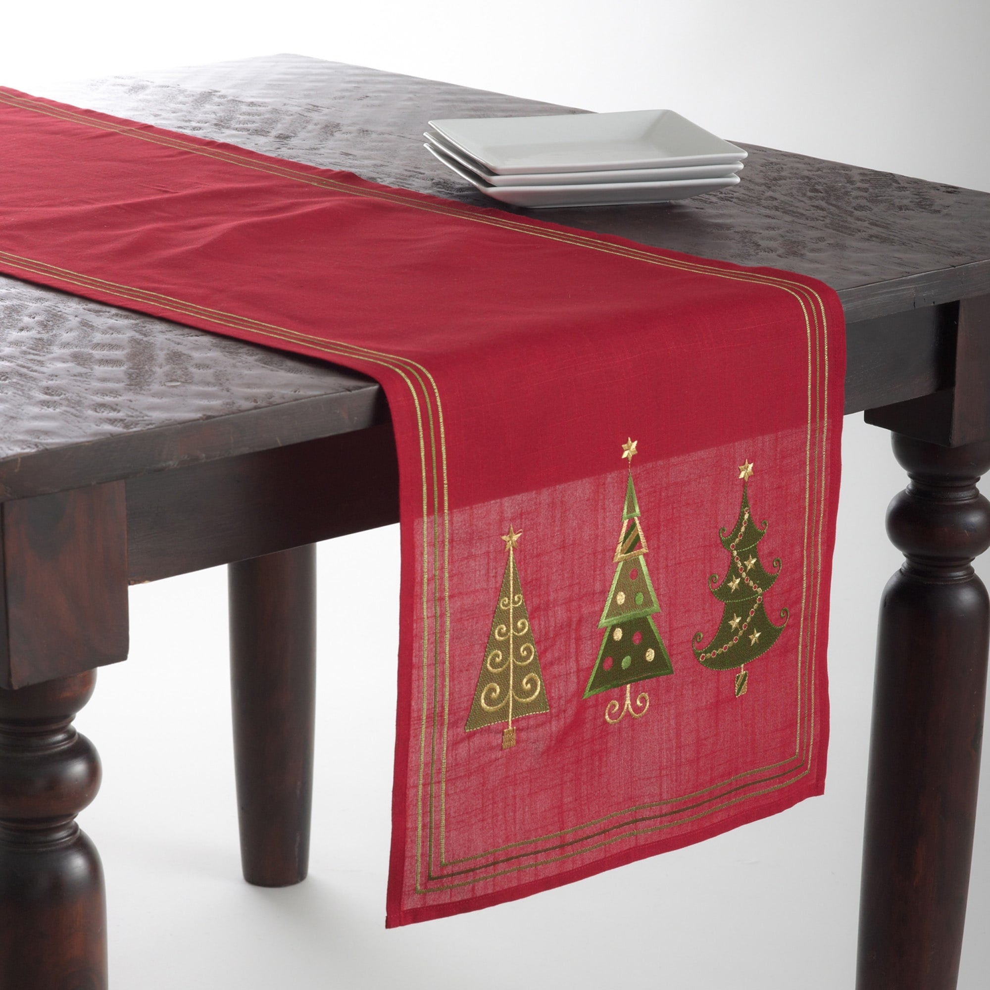 Embroidered Christmas Tree Design Red Polyester 70X16 Inches Table Runner