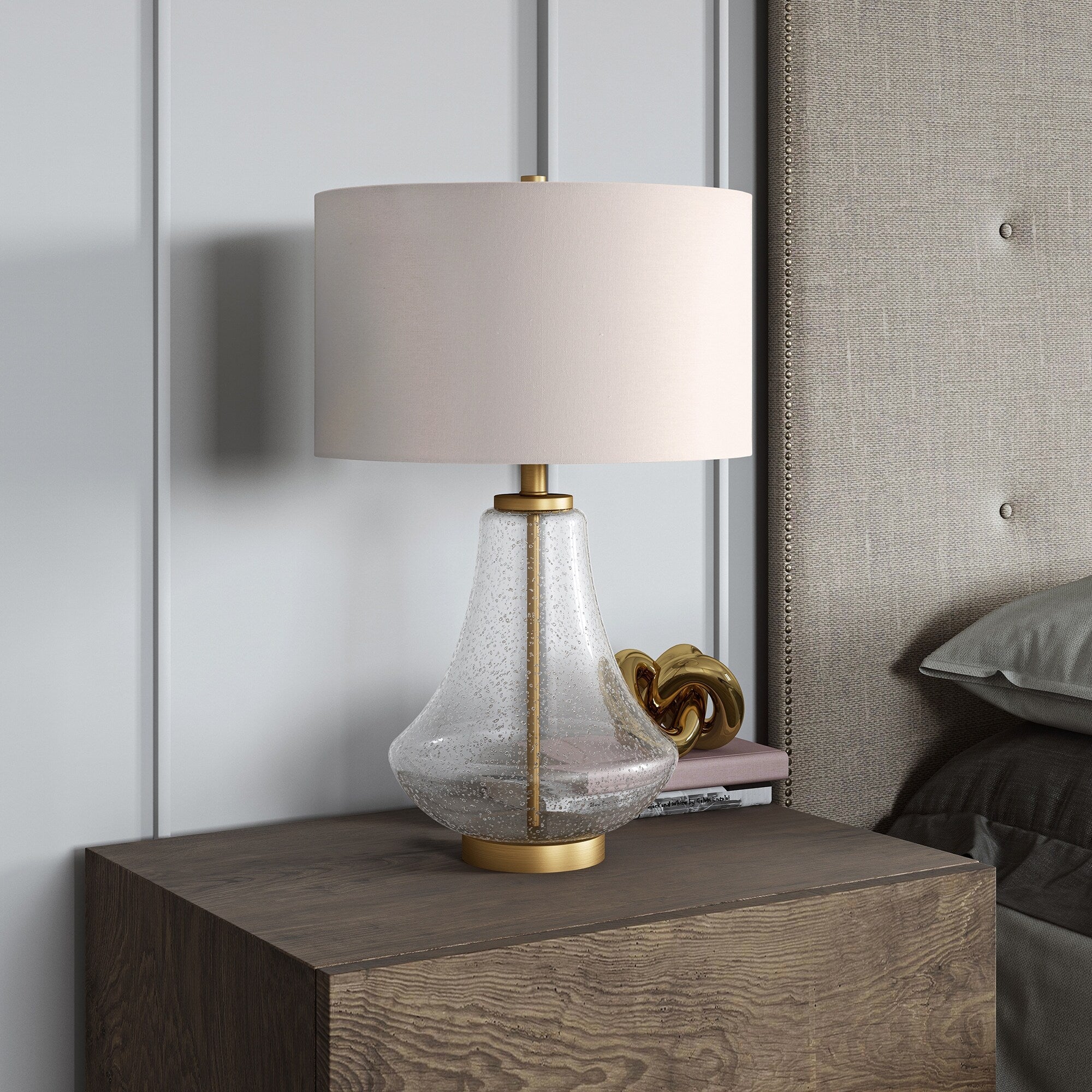 Brushed Brass Clear Seeded Glass Metal Table Lamp