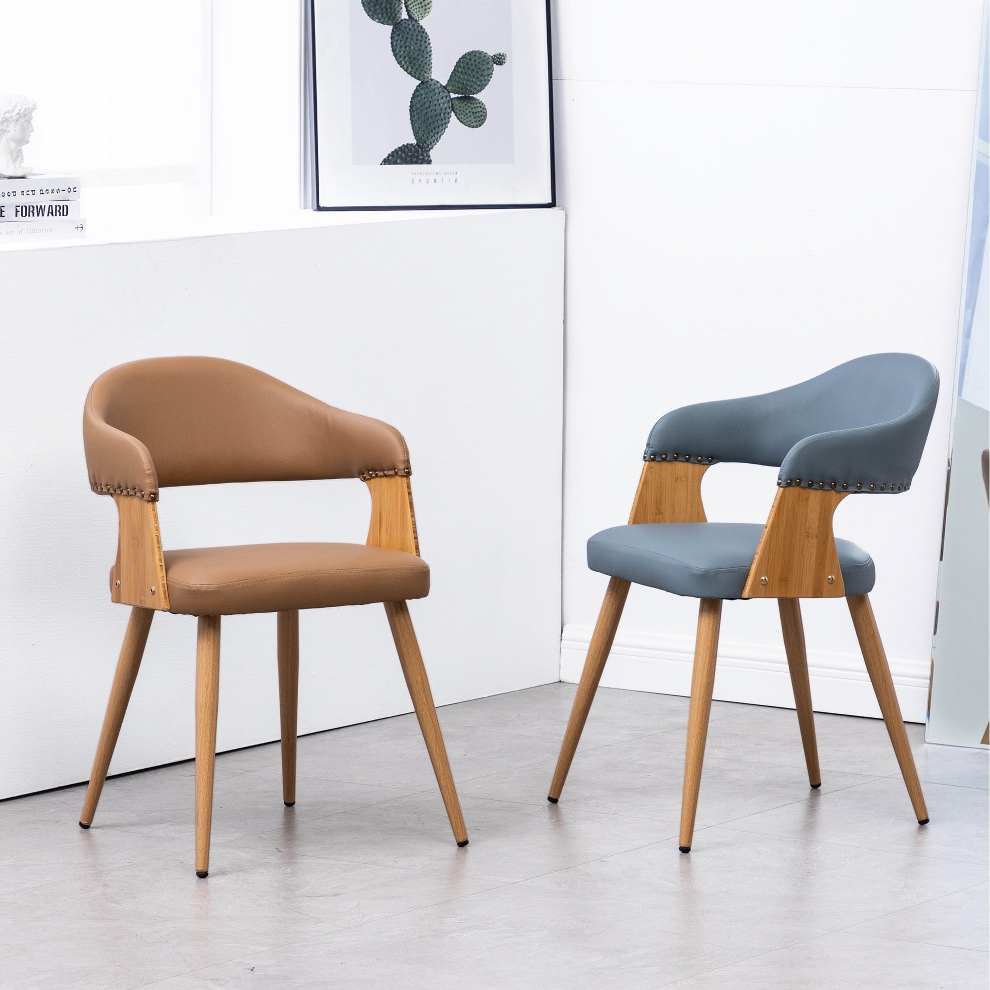 Tadala Pu Leather Wood Dining Arm Chair Open Back Set 2