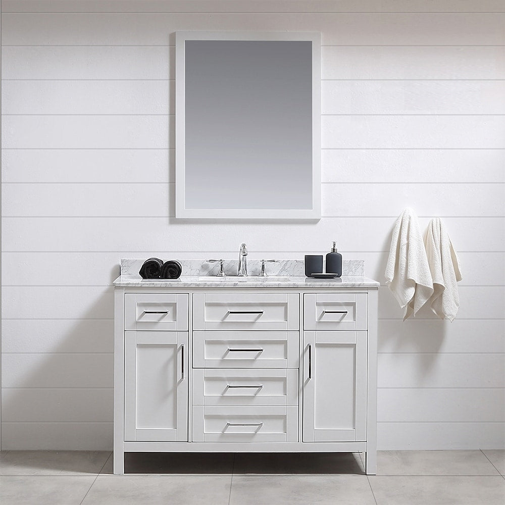 Tahoe 48In Vanity In White With White Carrera Marble Top And Mirror