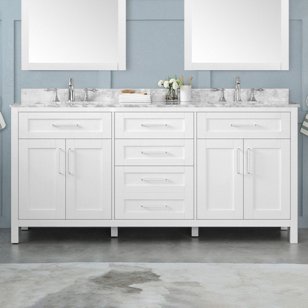 Tahoe 72 Vanity In White With White Carrera Marble Top And Mirror