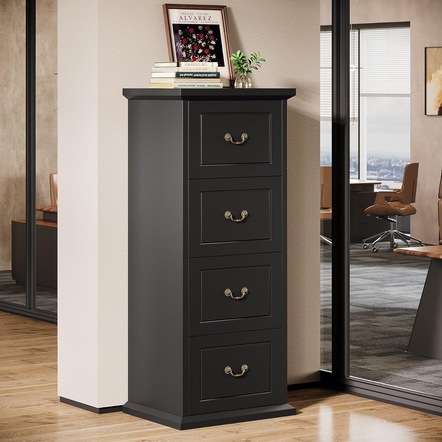 Tall 4 Drawer File Cabinet Vertical Wood Filing Cabinet For A4 Letter Legal Size File Storage Printer Stand For Home Office