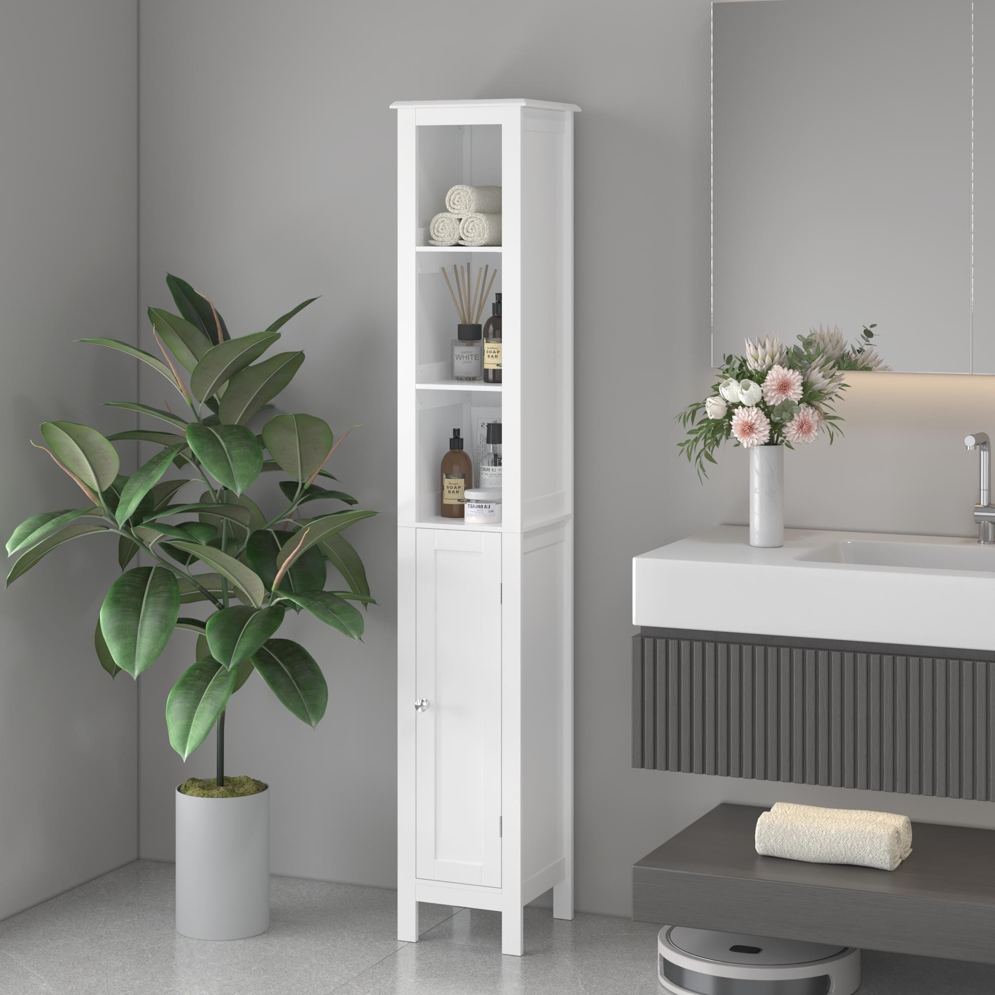 Tall Bathroom Floor Cabinet Slim Display Cabinet With Open Compartments Side Cabinet Medicine Cabinet With Door