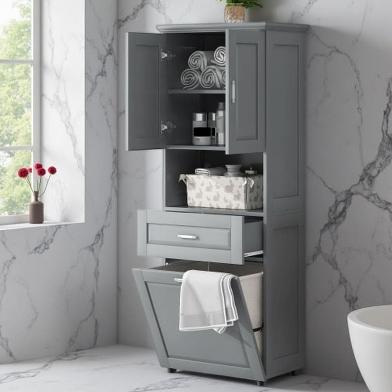 Tall Bathroom Storage Cabinet With Tilt Out Laundry Hamper Adjustable Shelves Drawer Double Door Storage