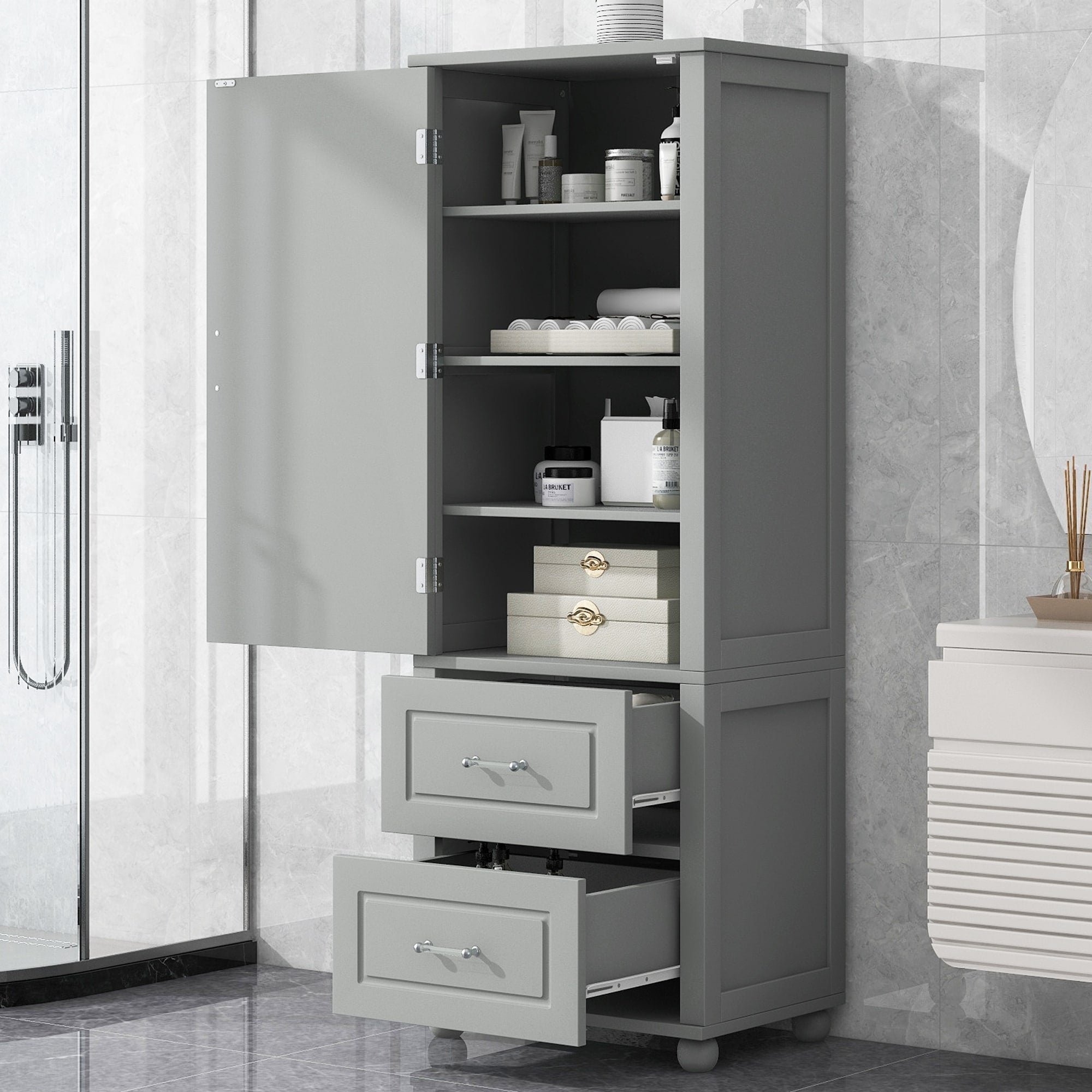 Tall Bathroom Storage Cabinet Freestanding Storage Cabinet With Two Drawers And Adjustable Shelf Mdf Board With Painted Finish