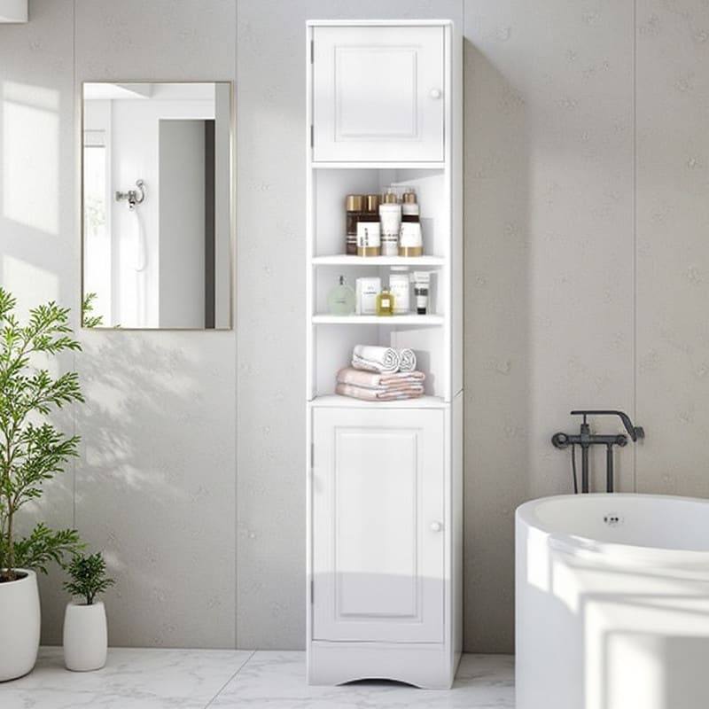 Tall Corner Bathroom Storage Cabinet Freestanding Triangle Cabinet With 2 Doors Adjustable Shelves Open Shelf Organizer Unit