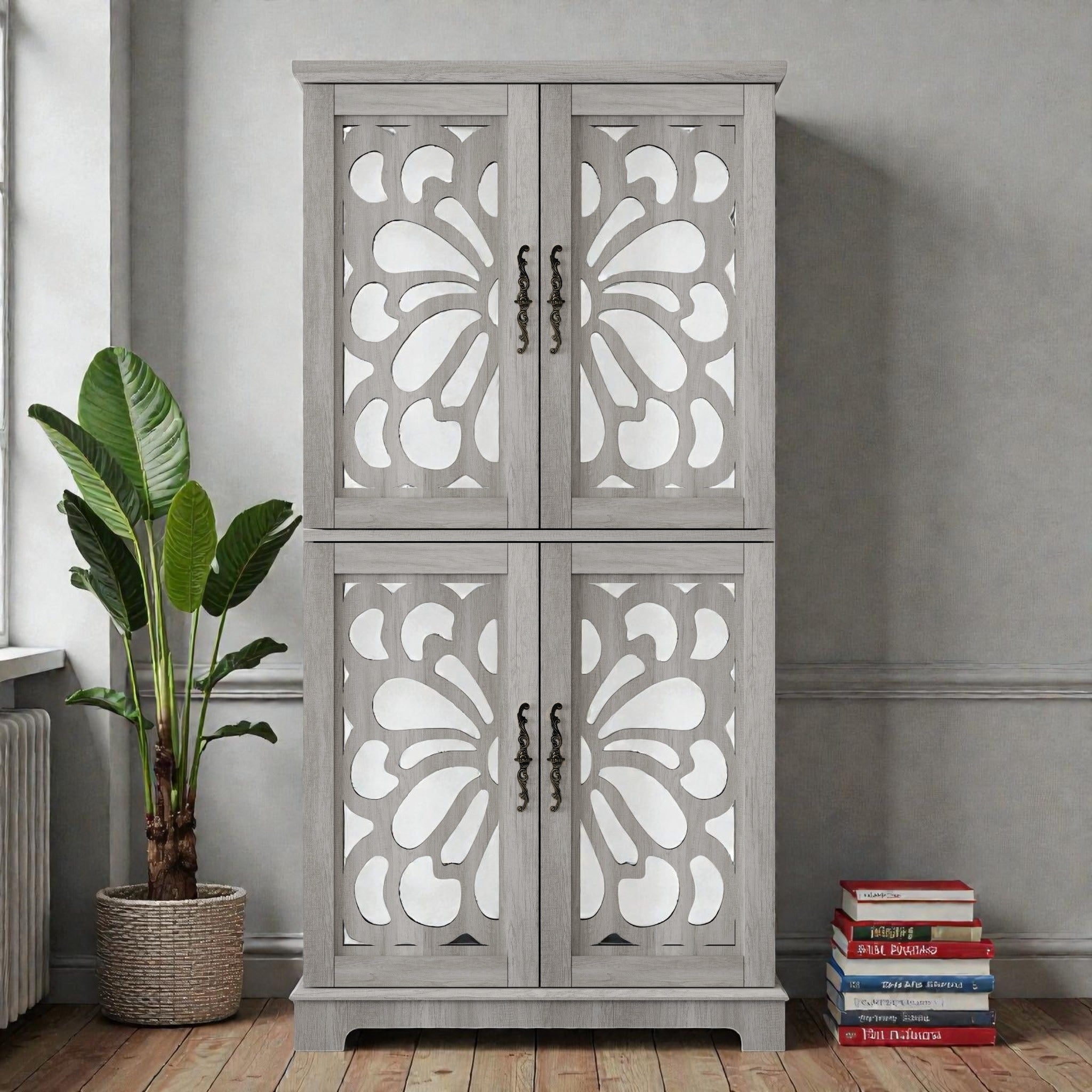 Tall Display Sideboard Buffet With 4 Acrylic Mirrored Doors Adjustable Shelves Storage Cabinet For Kitchen