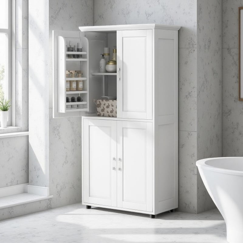 Tall Freestanding Bathroom Floor Cabinet Wide 4 Door Storage Unit With Adjustable Shelves White Mdf Multi Purpose Organizer
