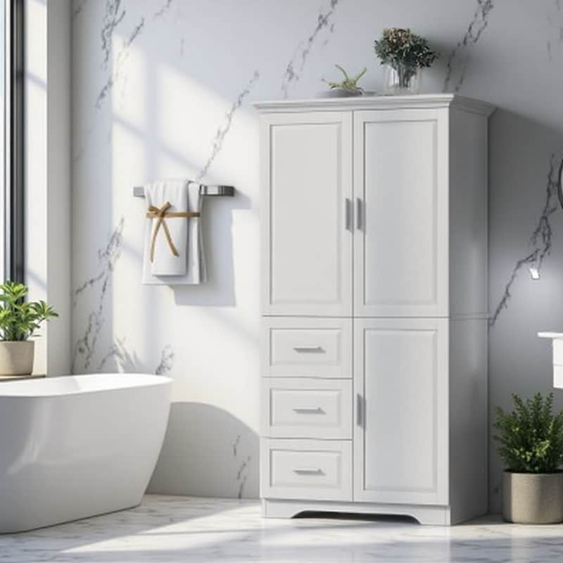 Tall Freestanding Bathroom Storage Cabinet With Doors 3 Drawers Large White Organizer Unit With Adjustable Shelves