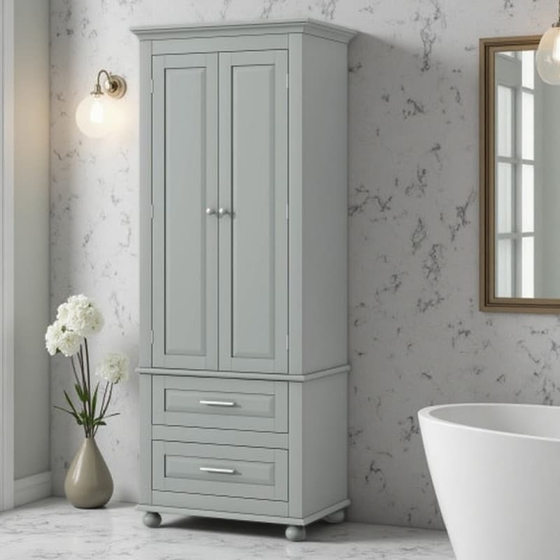 Tall Freestanding Storage Cabinet With Adjustable Shelves 2 Door 2 Drawer Organizer Unit For Bathroom