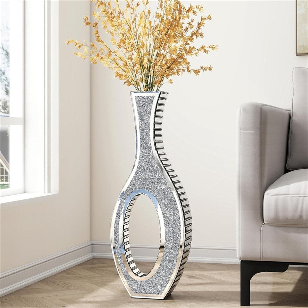 Tall Mirror Floor Vase With Silver Crystal Diamond Accents For Faux Flowers