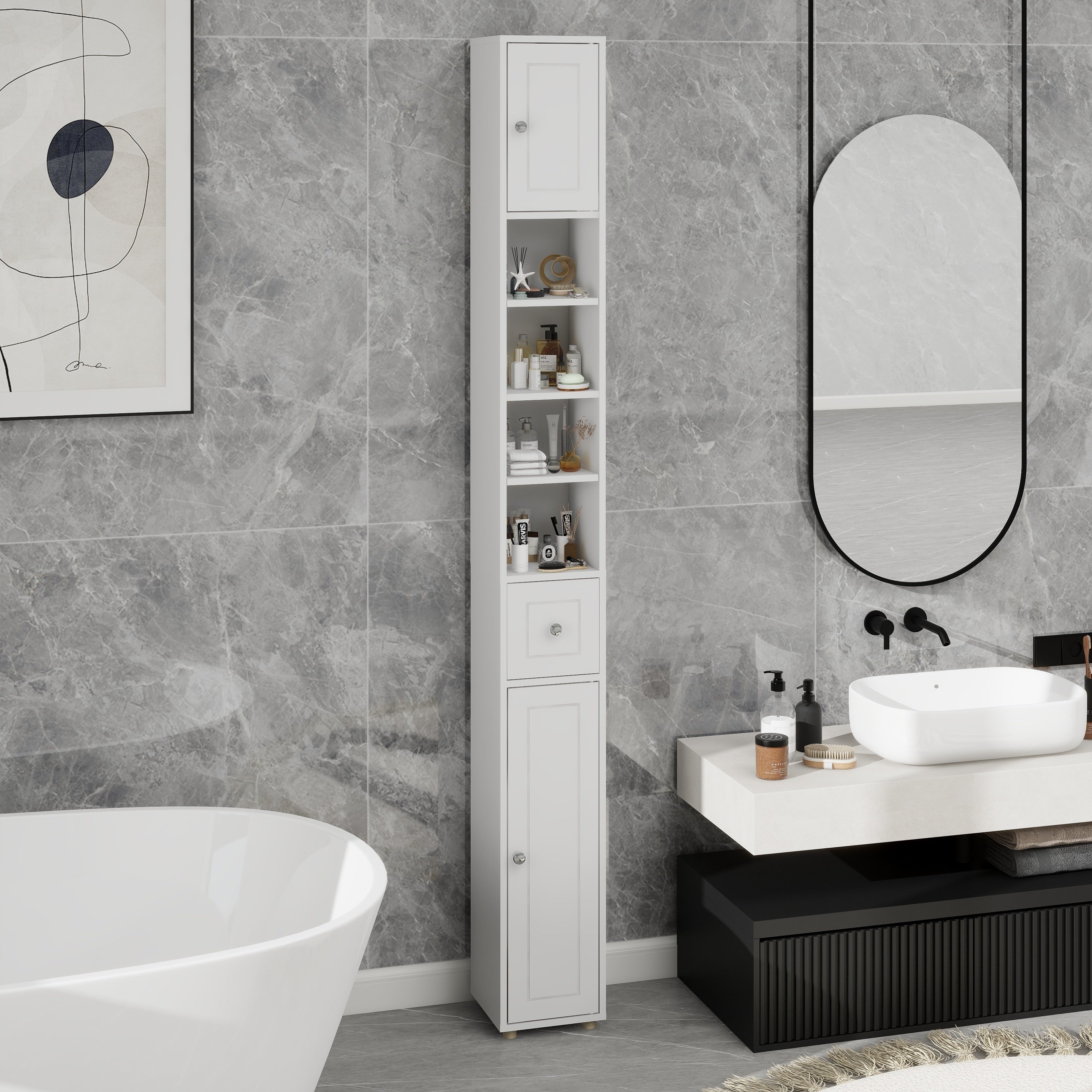 Tall Slim Bathroom Storage Cabinet 71 Freestanding Bathroom Cabinet With 1 Drawer 2 Doors And 4 Adjustable Shelves White