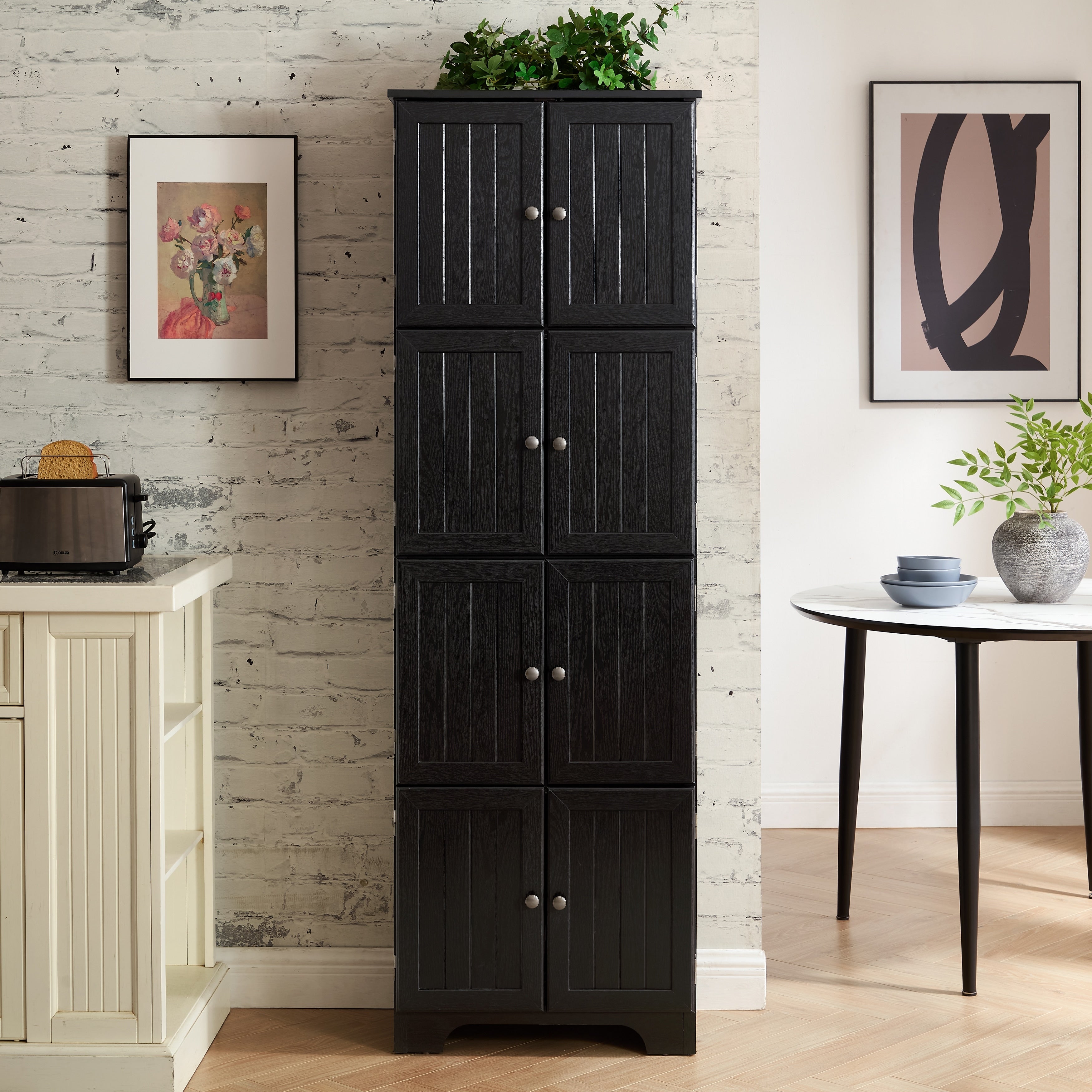 Tall Storage Cabinet Hallway Cabinet With 8 Doors Bookshelf Freestanding Black Kitchen Sideboard With 4 Shelves