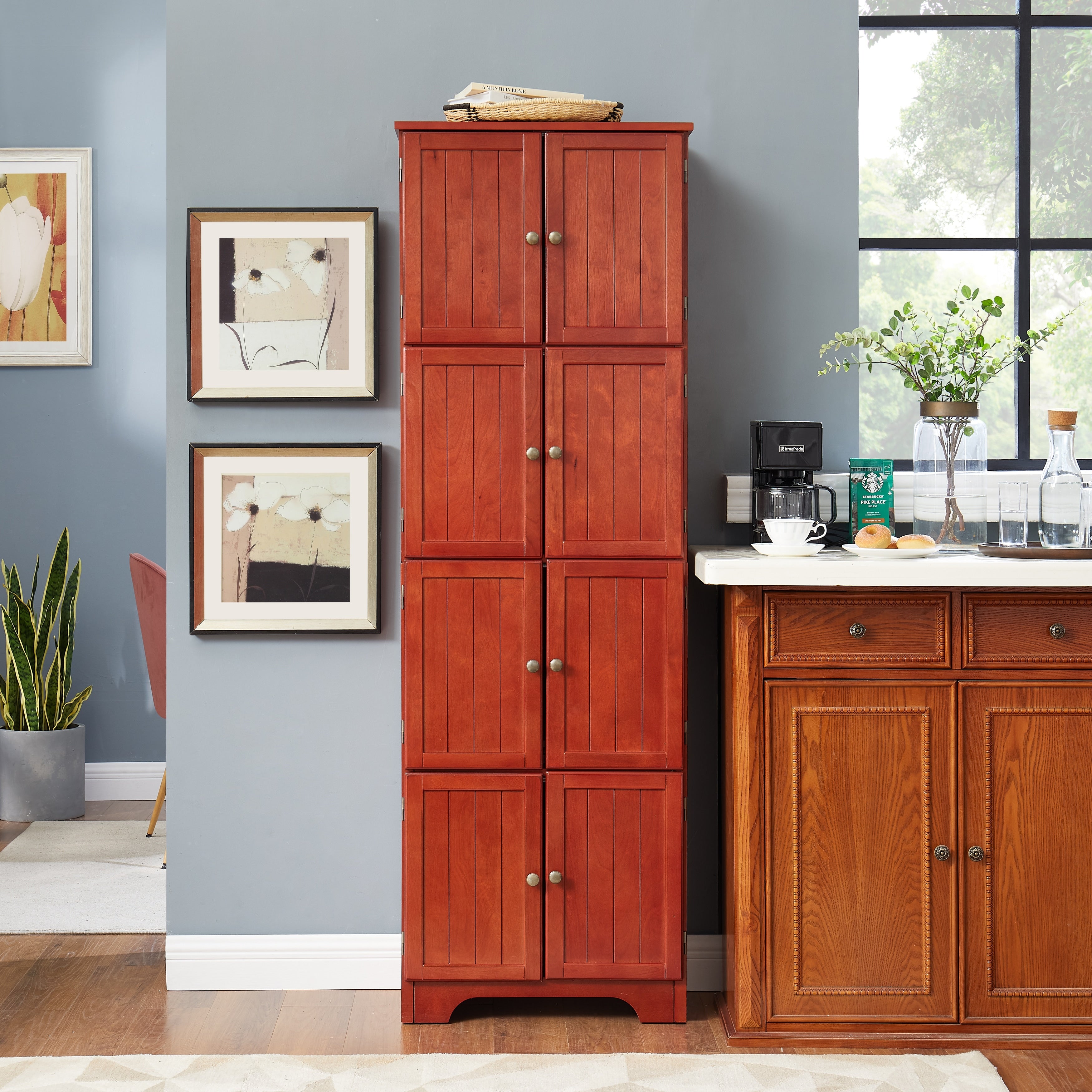 Tall Storage Cabinet Hallway Cabinet With 8 Doors Bookshelf Freestanding Kitchen Sideboard With 4 Shelves