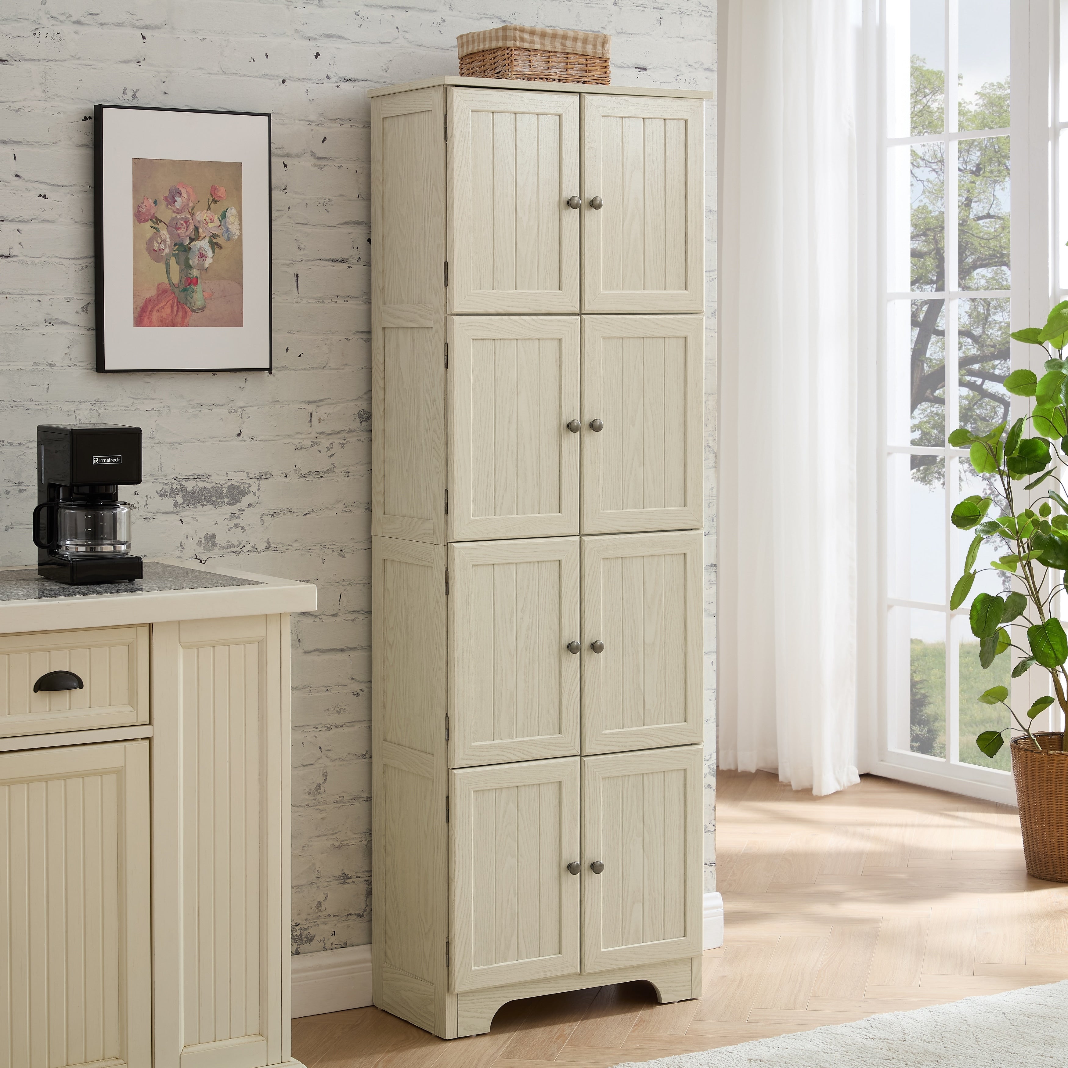 Tall Storage Cabinet Hallway Cabinet With 8 Doors Bookshelf White Freestanding Kitchen Sideboard With 4 Shelves