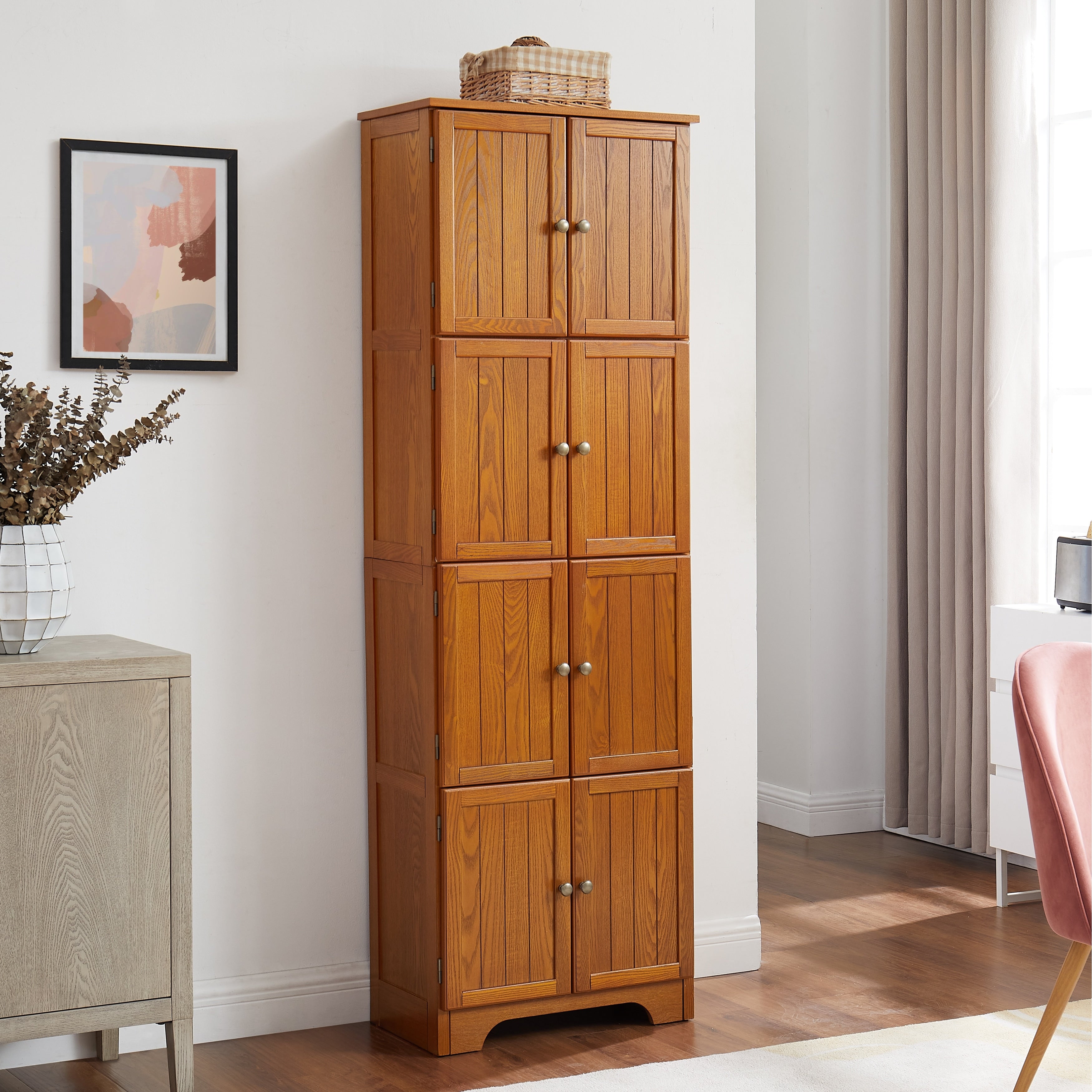 Tall Storage Cabinet Hallway Cabinet With 8 Doors Oak Bookshelf Freestanding Kitchen Sideboard With 4 Shelves