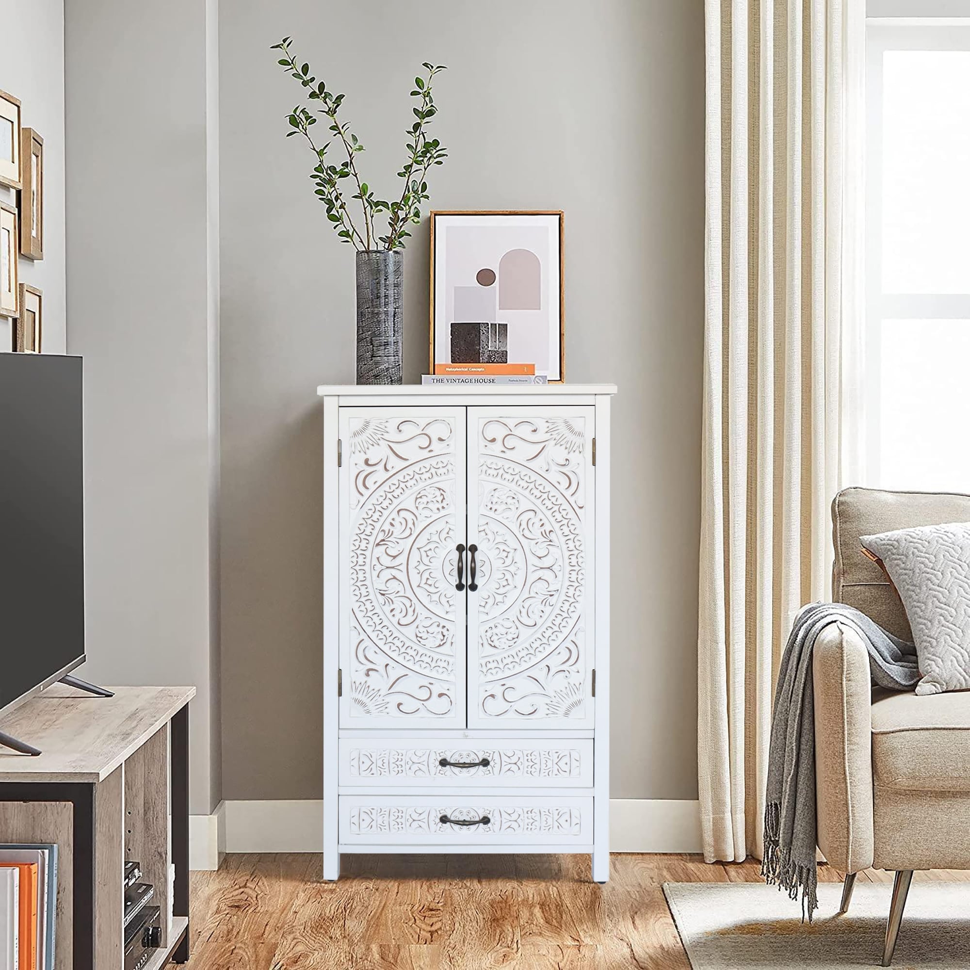 Tall Tower Accent Cabinet With Carved Doors Multi Functional Wood Buffet Cabinet Storage Cabinet With 2 Doors 2 Drawers