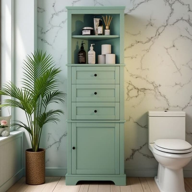 Tall Triangle Corner Storage Cabinet Freestanding Bathroom Organizer With 3 Drawers 1 Door Cabinet Adjustable Shelves