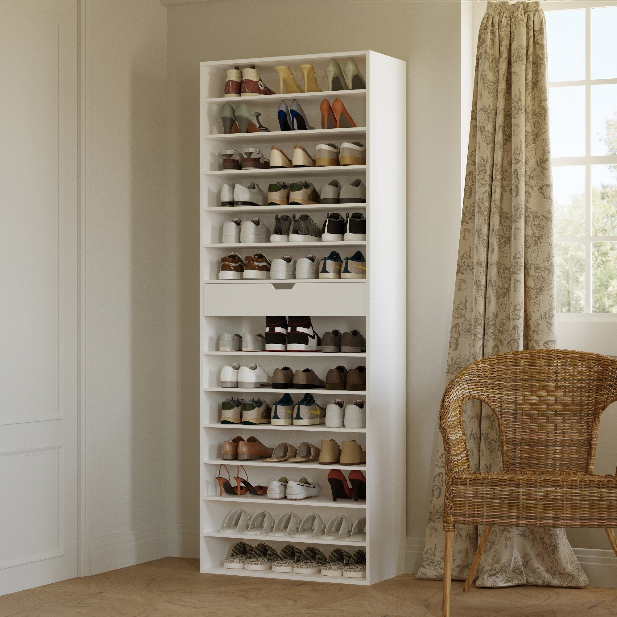 Tall White Shoe Cabinet With Adjustable Shelves 14 Tier Narrow Shoe Rack Organizer With Drawer Entryway