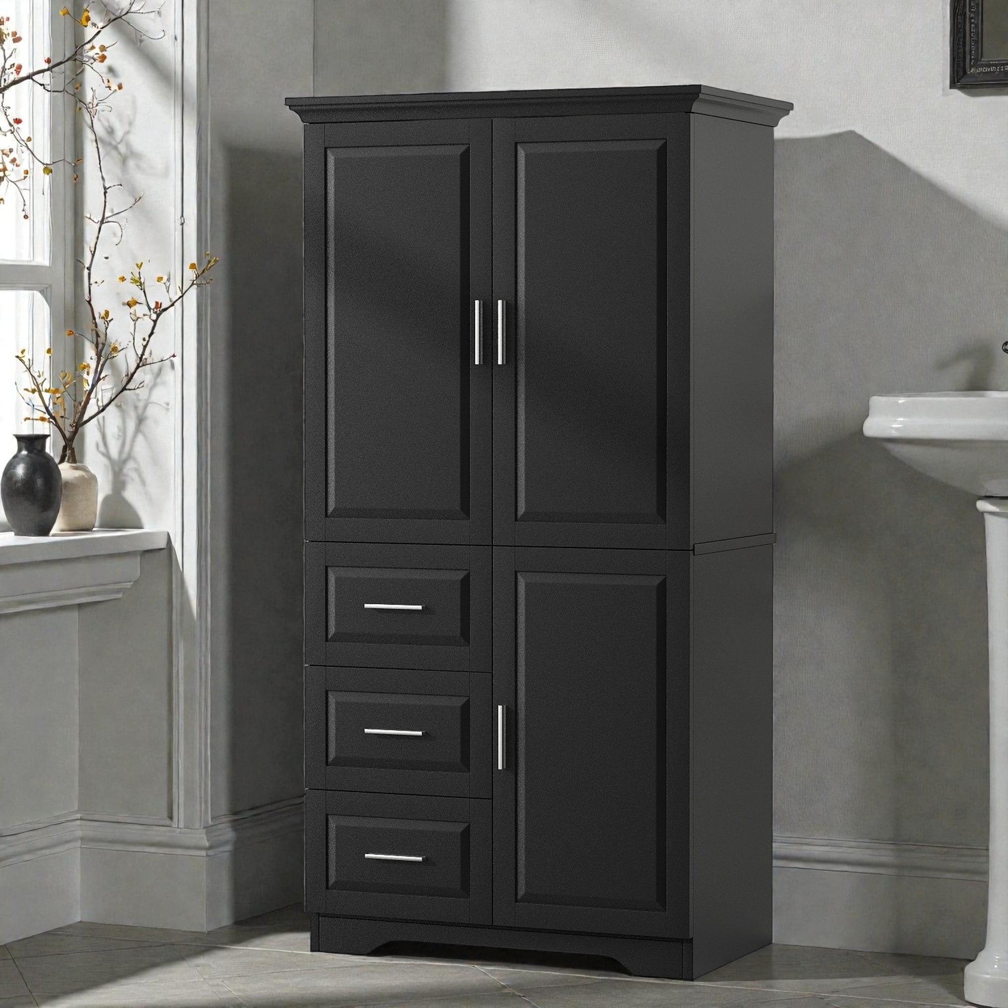 Tall Wide Storage Cabinet With Doors And 3 Drawers Bathroom Pantry Organizer With Adjustable Shelves And Anti Tipping Design