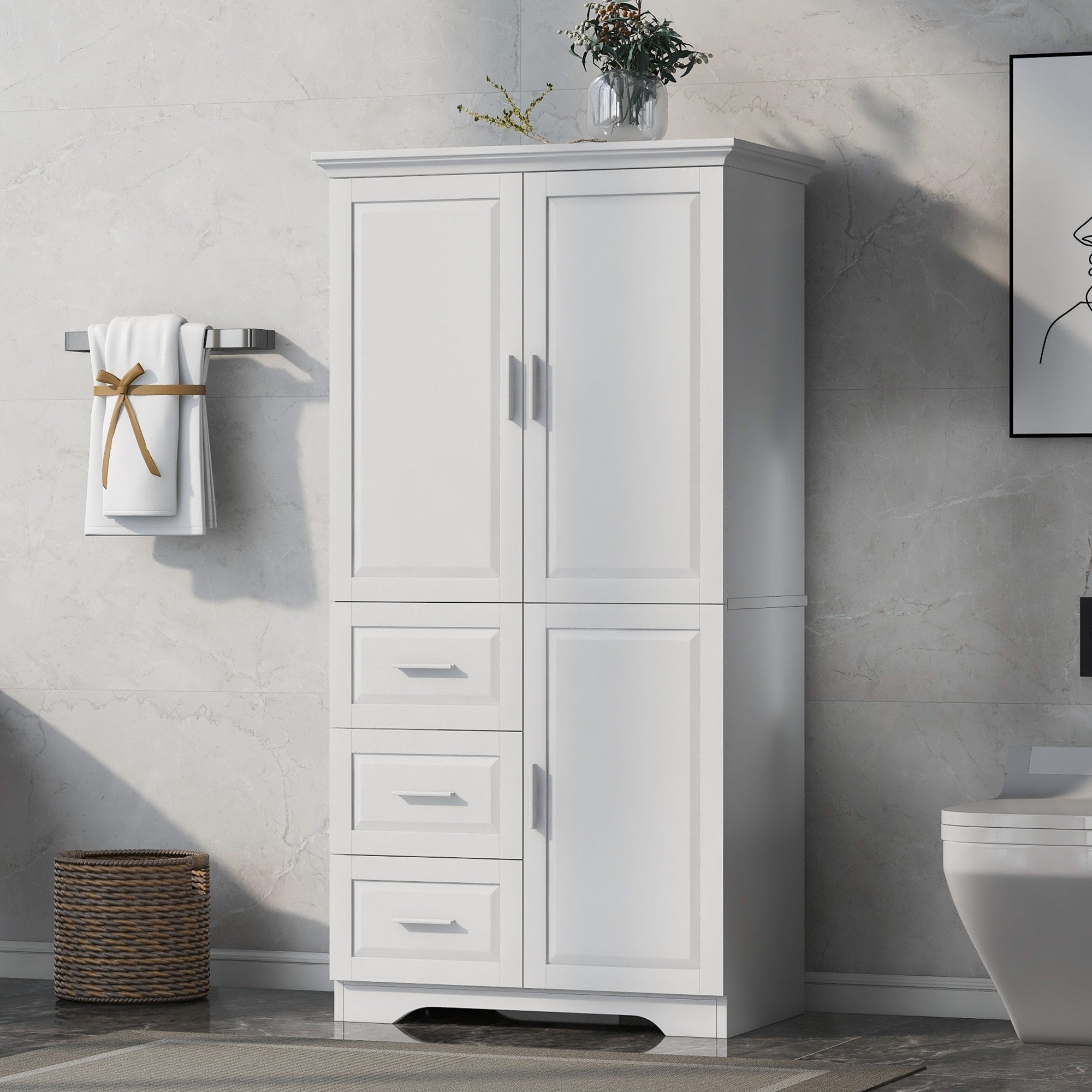 Tall And Wide Storage Cabinet With Doors For Bathroom Office Three Drawers White