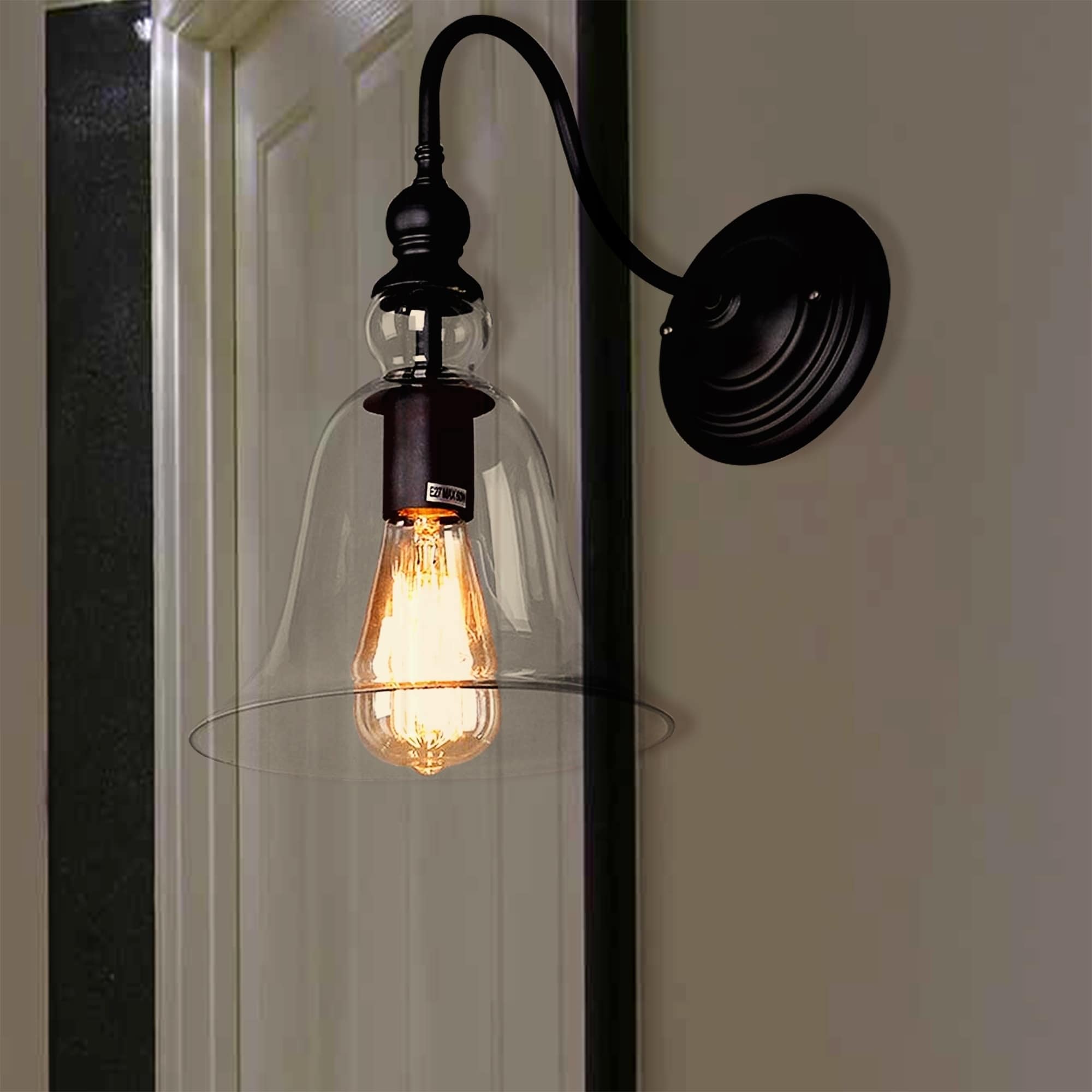 Tamrion Black Metal 1 Light Wall Sconce Clear Glass Shade With Edison Bulb