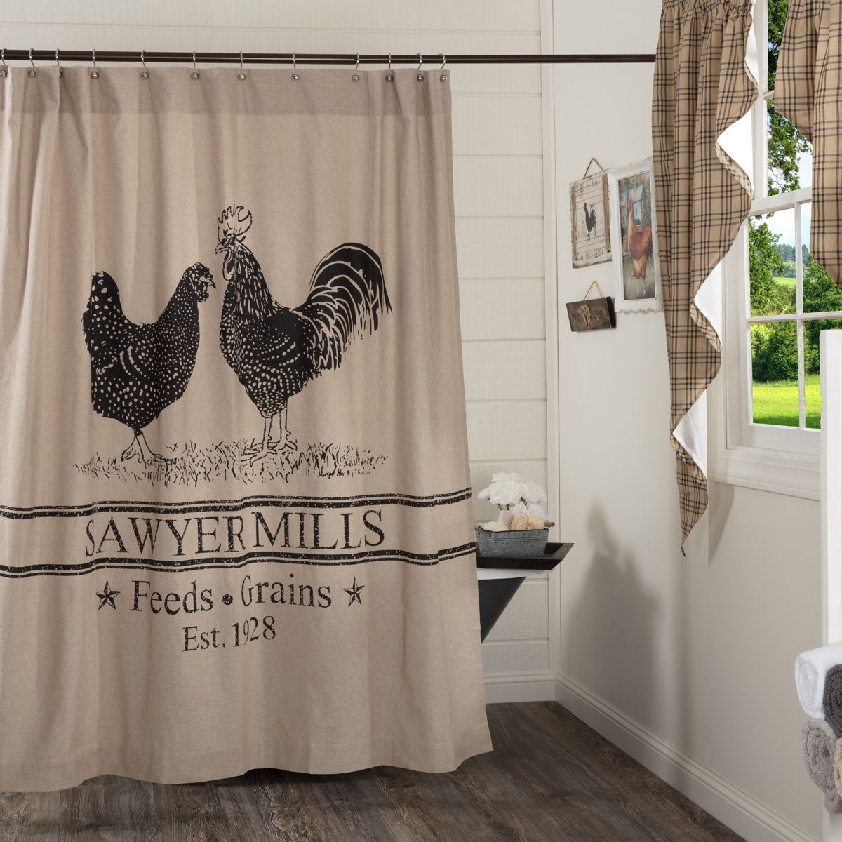 Sawyer Mill Farmhouse Country Bath Poultry Stenciled Shower Curtain