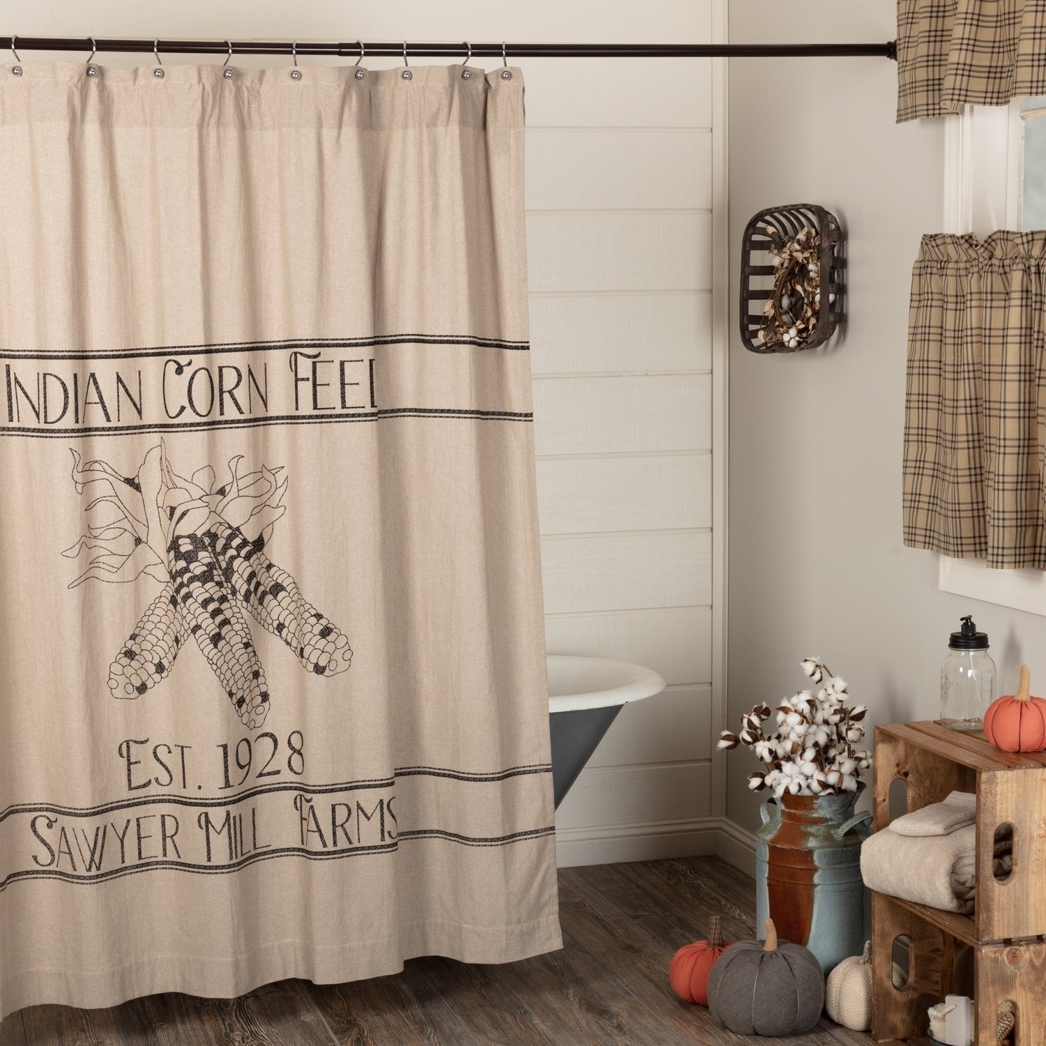 Tan Farmhouse Holiday Decor Vhc Sawyer Mill Corn Feed Shower Curtain Rod Pocket Cotton Graphic Print Stenciled Chambray