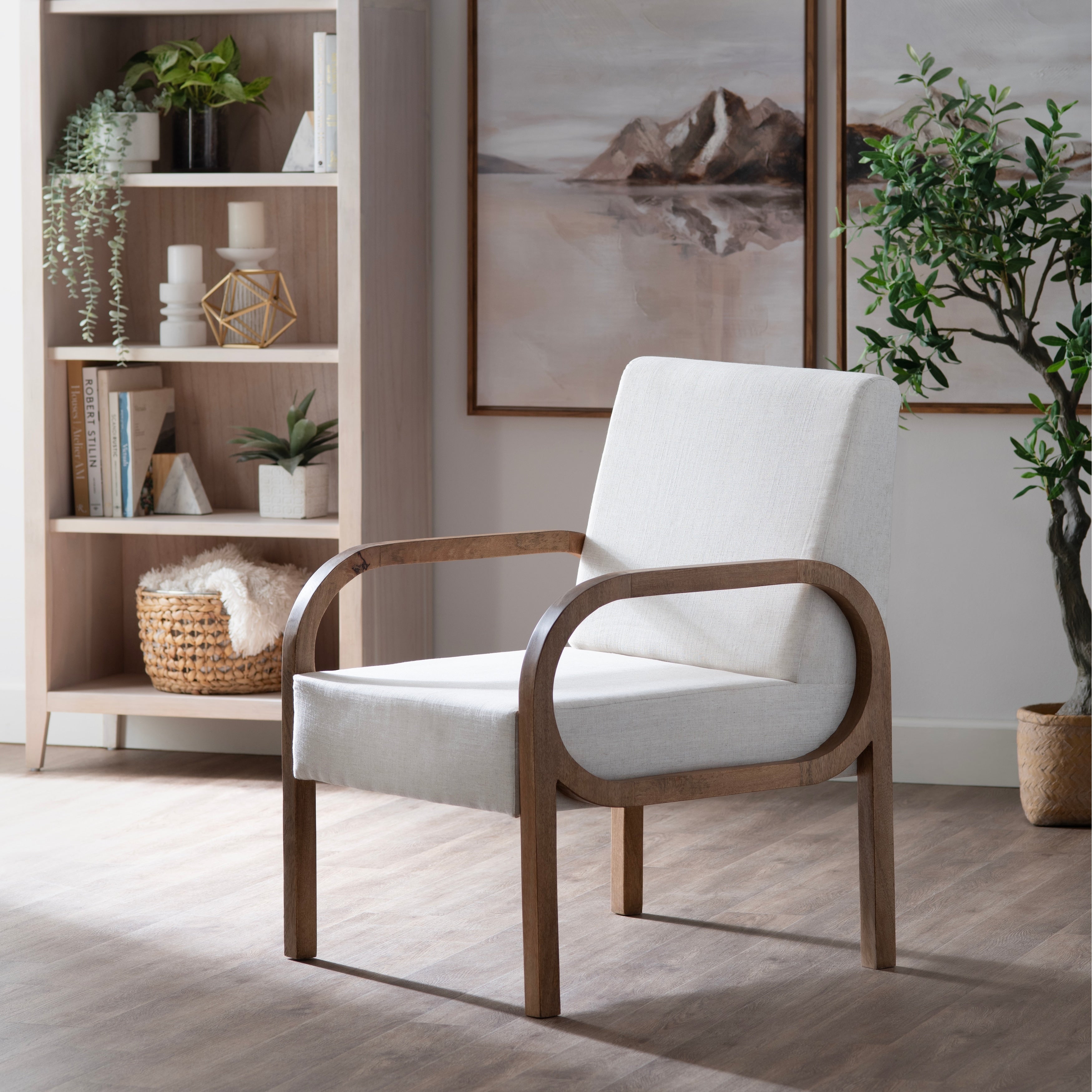 Tan Upholstered Accent Arm Chair With Brown Solid Wood Frame