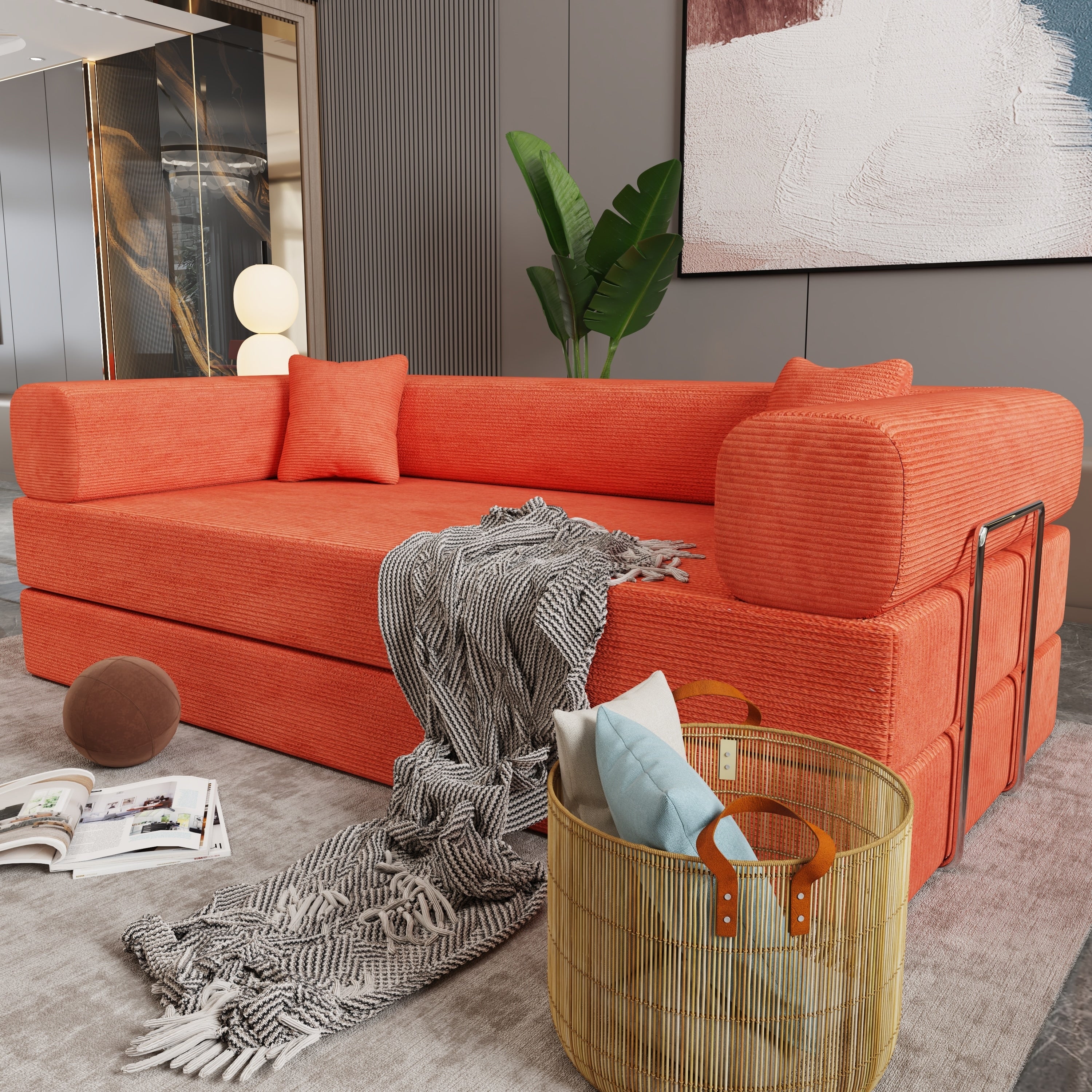 Tangerine Convertible Couch Modular Sofa Bed With Wide Armrests Upholstered Sofa Couch With Pillows For Living Room