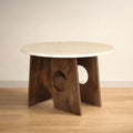Tara Dining Table 48 Inch Round Botticino Italian White Marble Top Walnut Brown Artisan Base Brown White