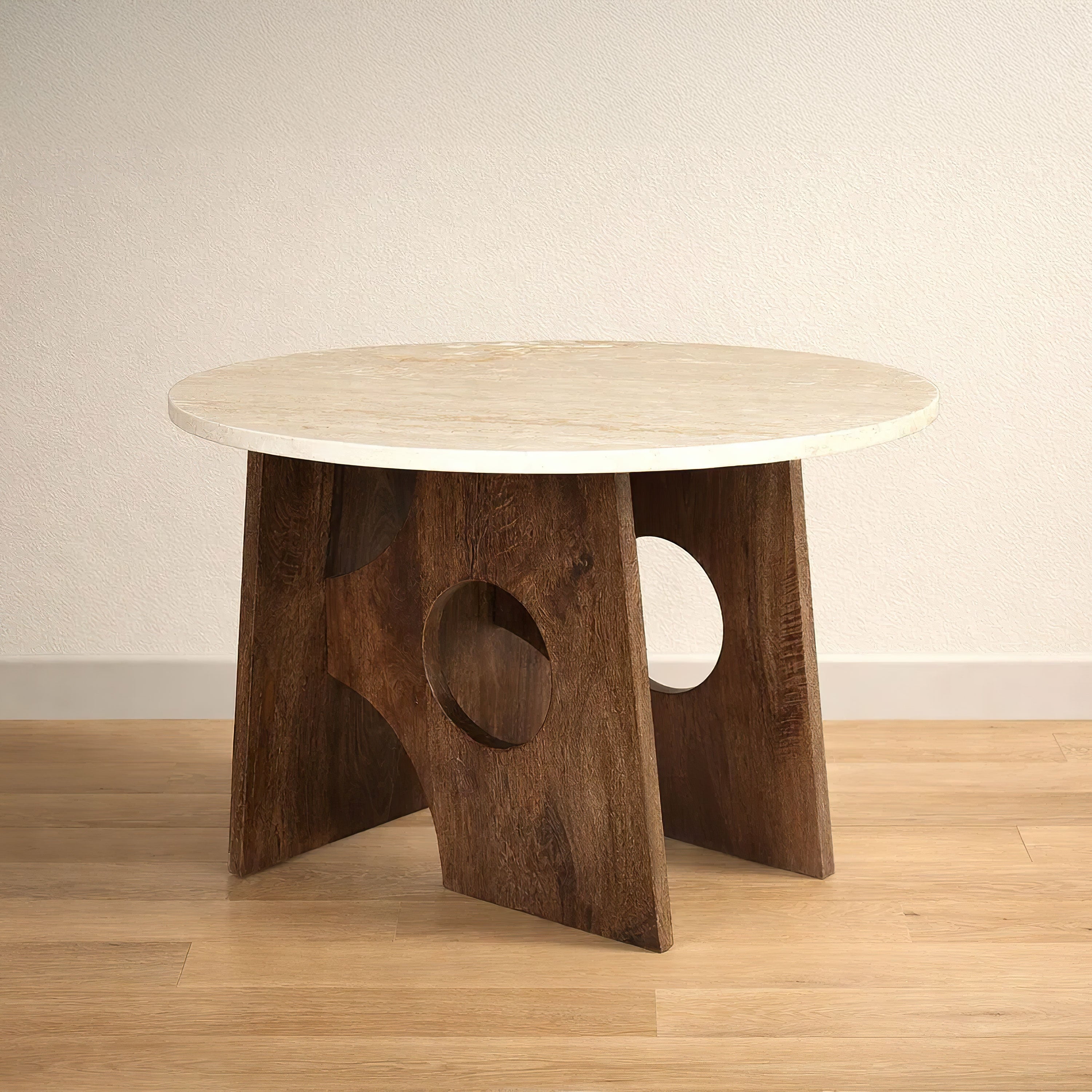 Tara Dining Table 48 Inch Round Botticino Italian White Marble Top Walnut Brown Artisan Base Brown White
