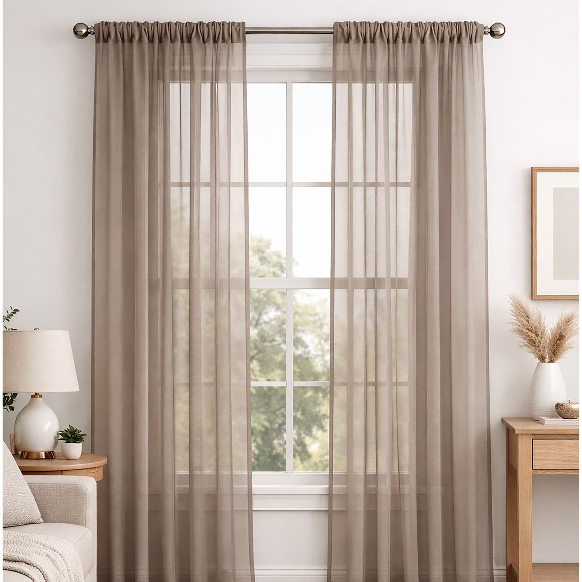 Taupe Sheer Window Rod Pocket Curtain Set 90 Inches Long 2 Panels