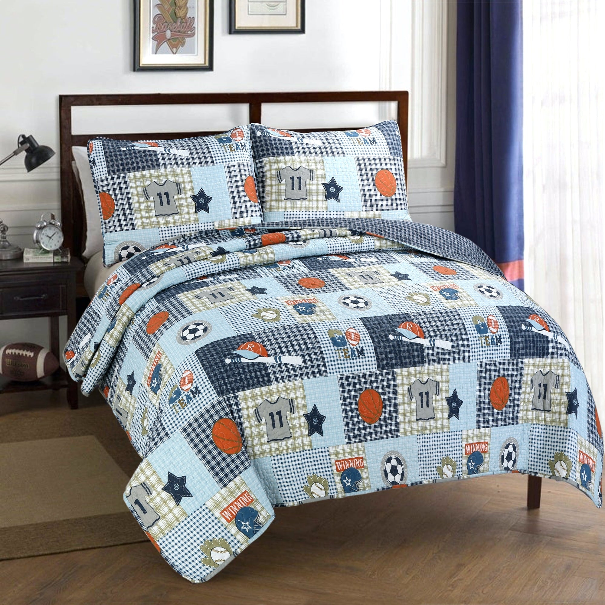 Taylor Olive Blue Patchwork Sports Cotton Quilt Set