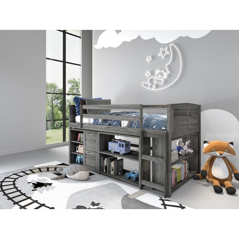 Taylor Olive Derby Grey Wood Twin Low Loft Bed