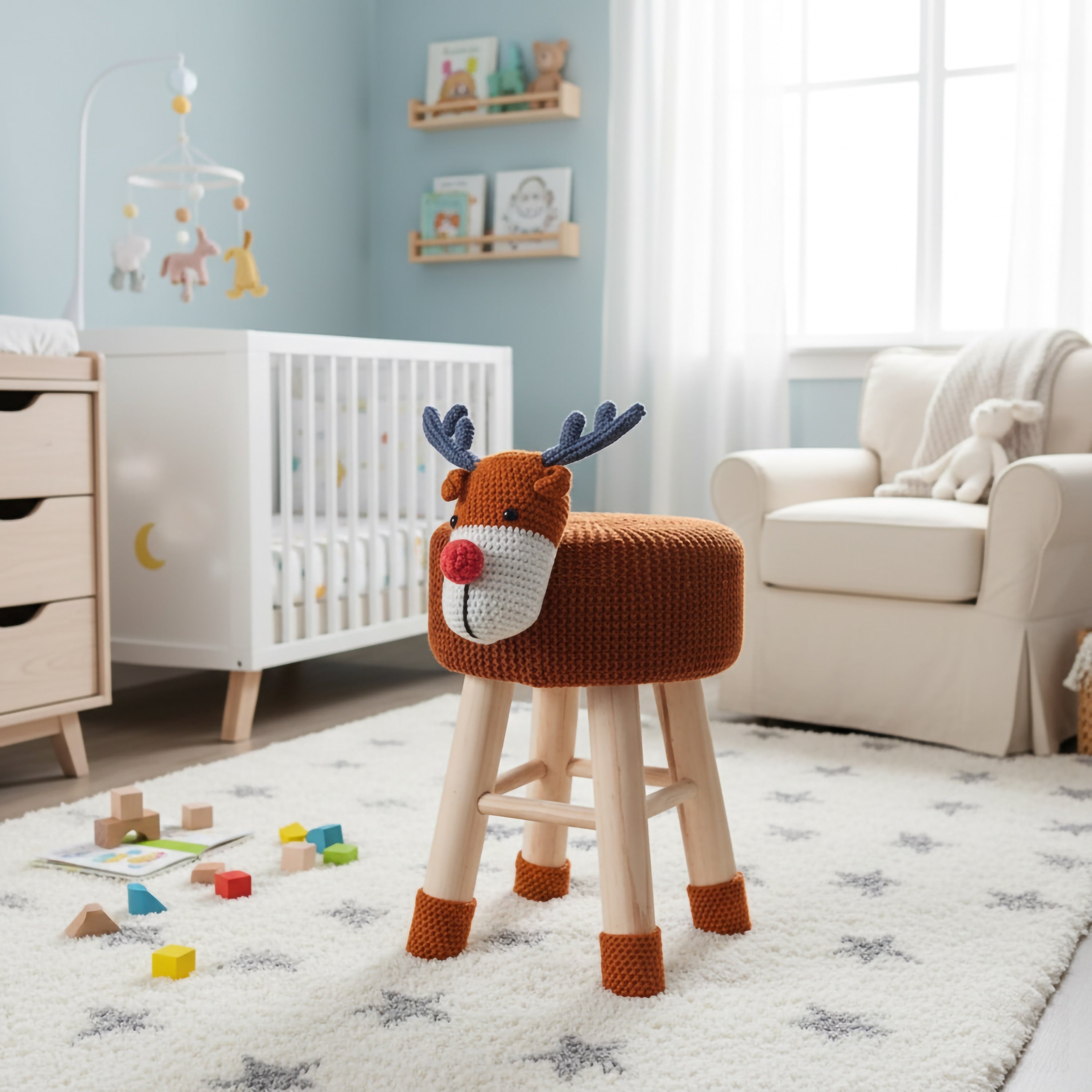 Kids Modern Woven Brown Deer Ottoman Stool With Wooden Legs