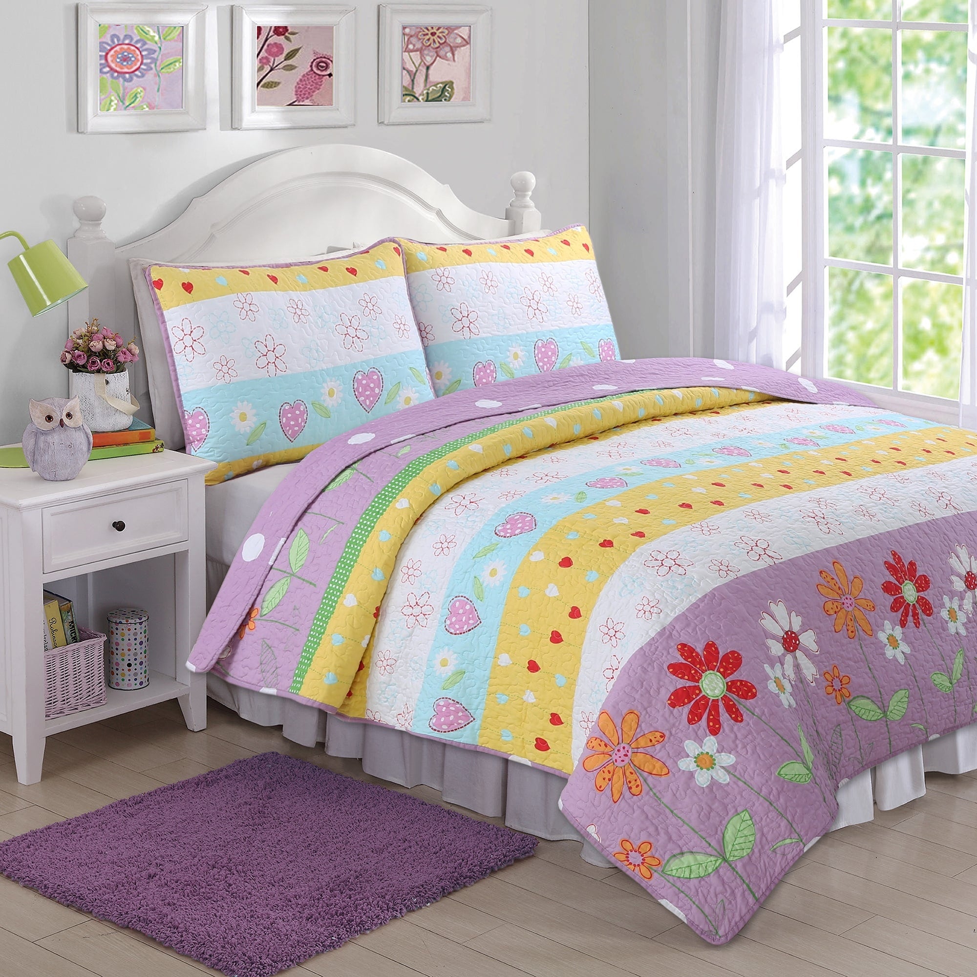 Taylor Olive Purple White Floral Heart Reversible Quilt Set