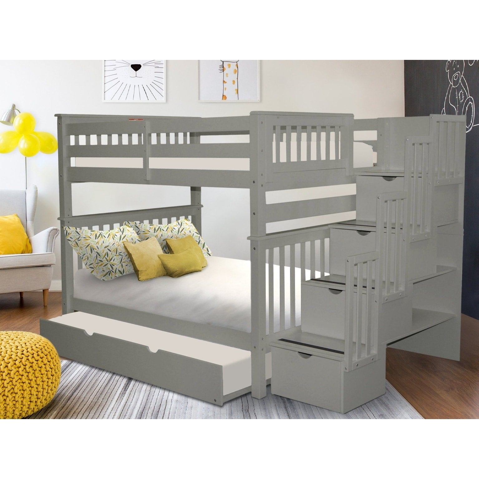 Taylor Olive Trillium Grey Wood Full Over Full Bunk Bed With Twin Trundle