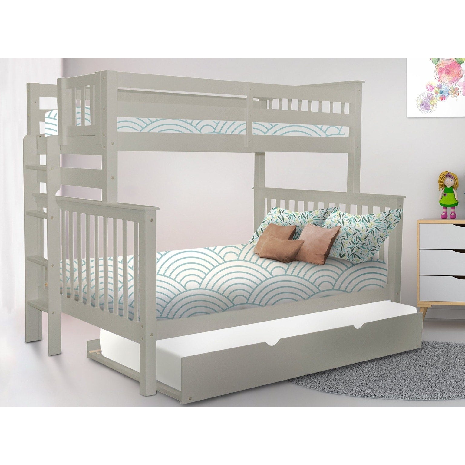 Taylor Olive Trillium Grey Wood Twin Over Full Bunk Bed With Twin Trundle