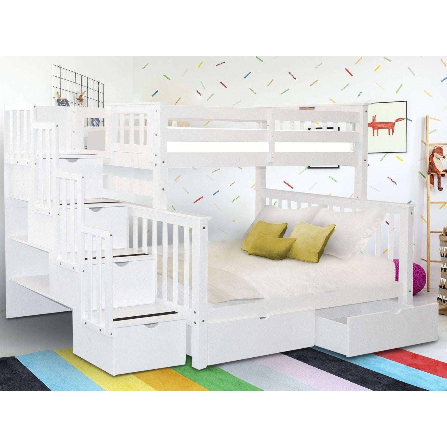 Taylor Olive Trillium White Wood Twin Over Full Bunk Bed With Drawers