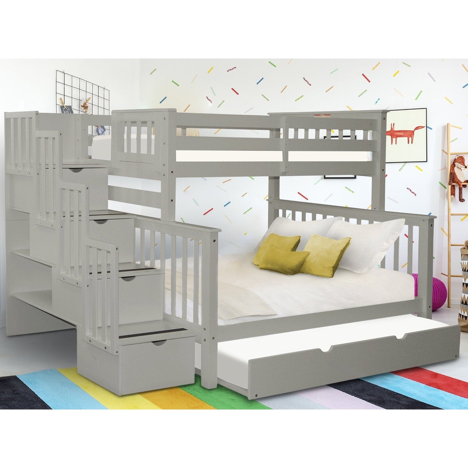 Taylor Olive Trillium Grey Wood Twin Over Full Bunk Bed With Stairs And Trundle