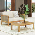 Teak Beige Outdoor Conversation Set With Wicker Upholstered Loveseat Patio Chat Set With Coffee Table