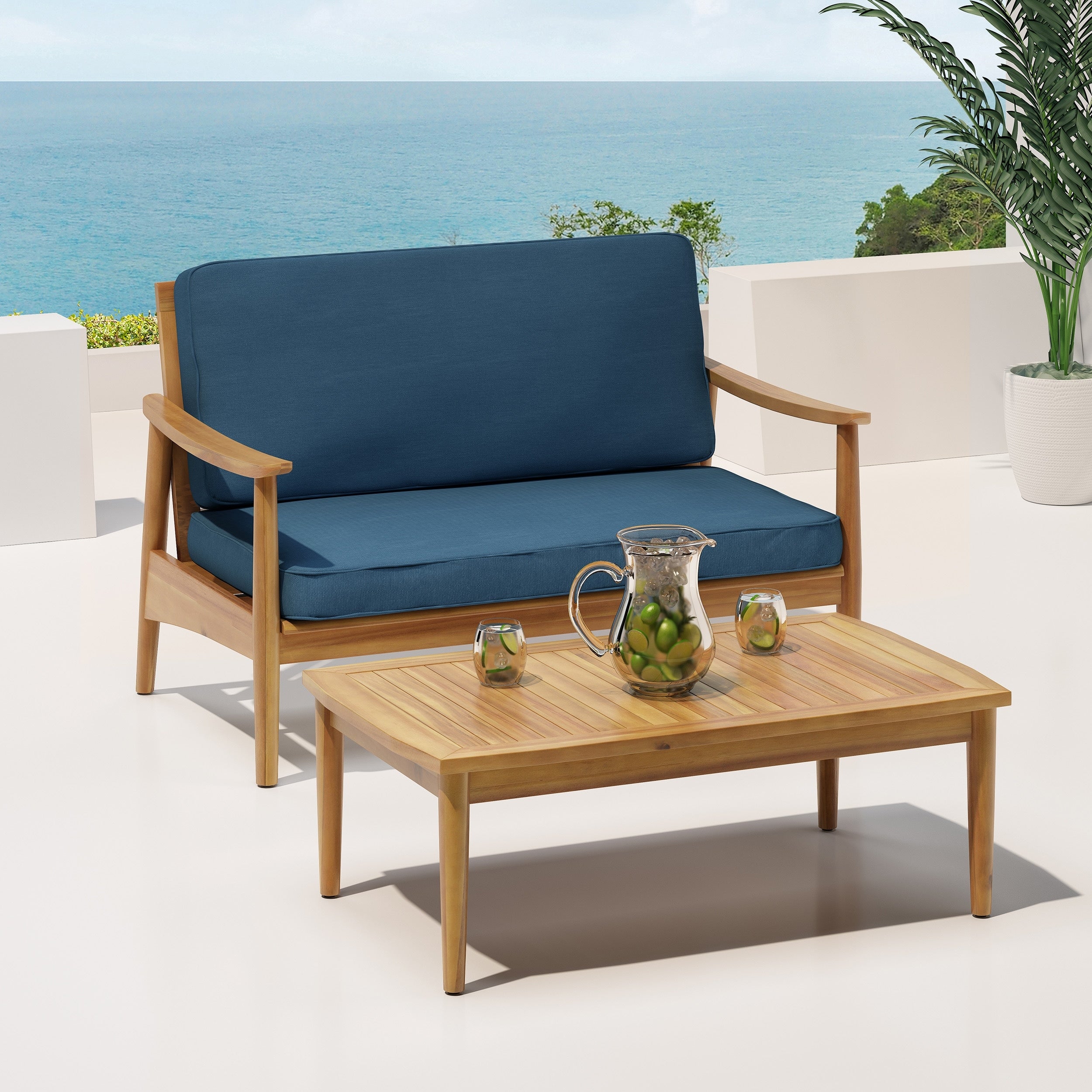 Teak Blue Patio Loveseat And Coffee Table Set With Cushion Outdoor Conversation Set With Wood Frame For Backyard