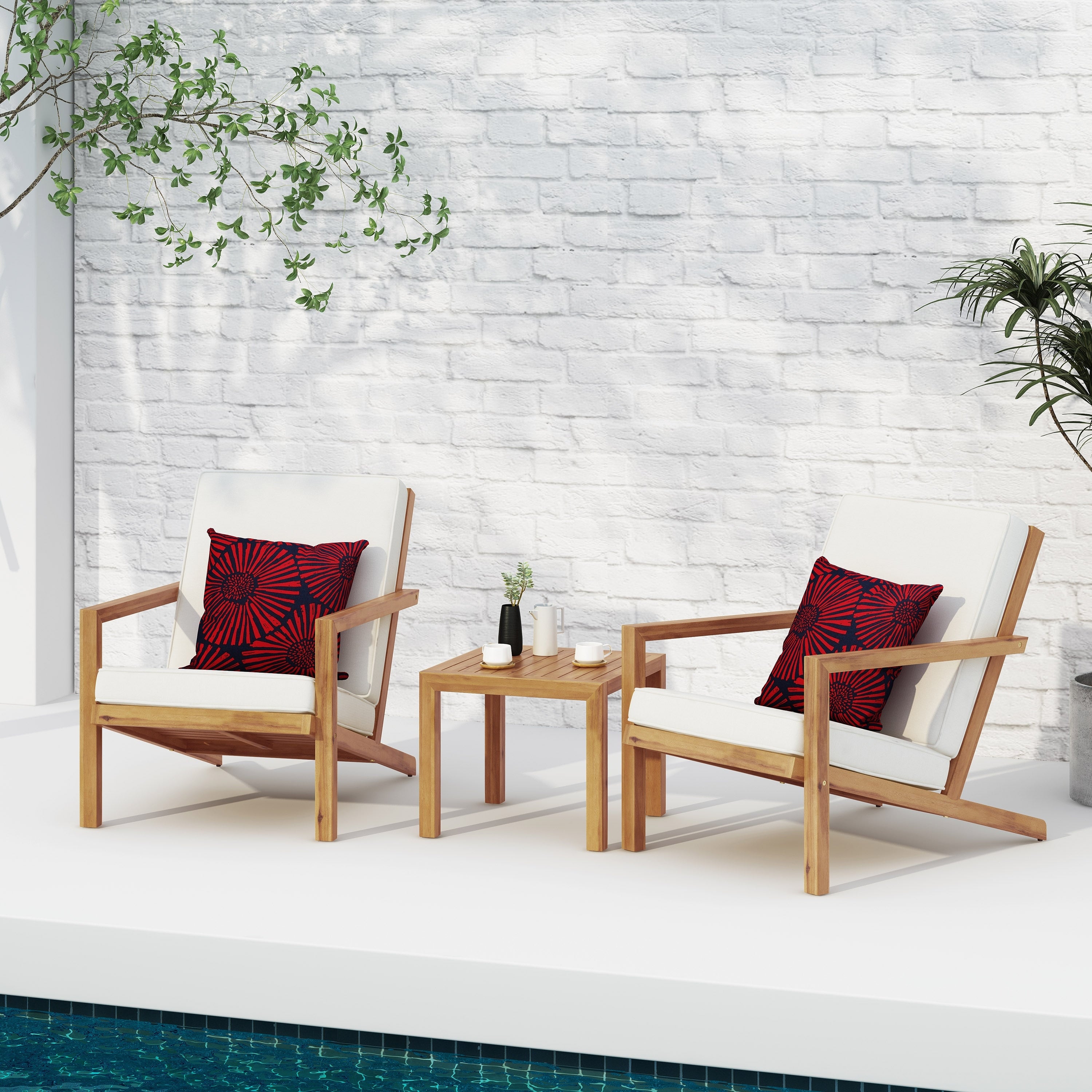 Teak Comfy Chat Set Upholstered Chair Set With Soft Cushion Outdoor Conversation Set With Wood Side Table