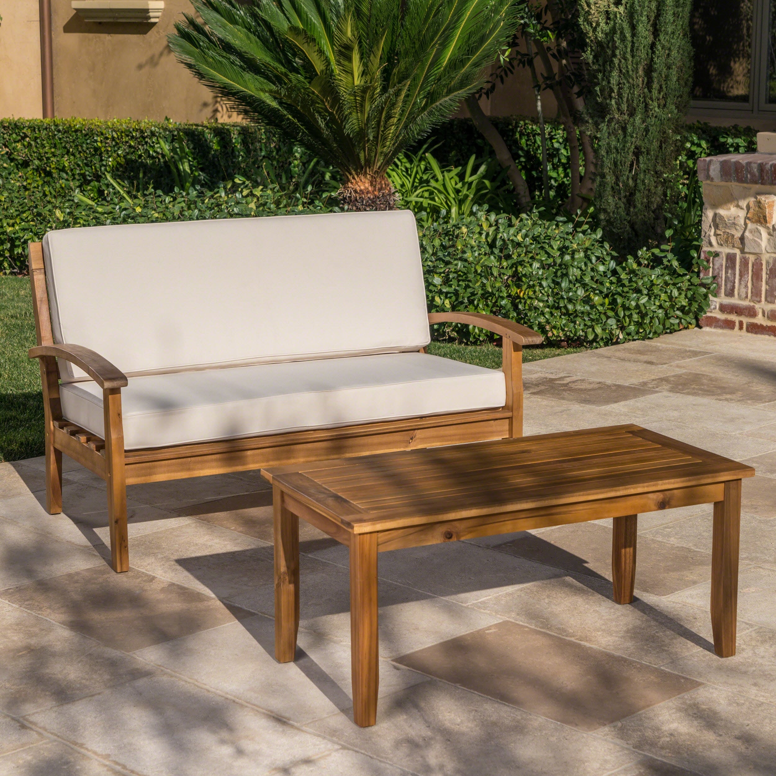 Teak Loveseat Table Set Outdoor Sofa Set With Coffee Table Rustic Balcony Chat Set With Patio Couch