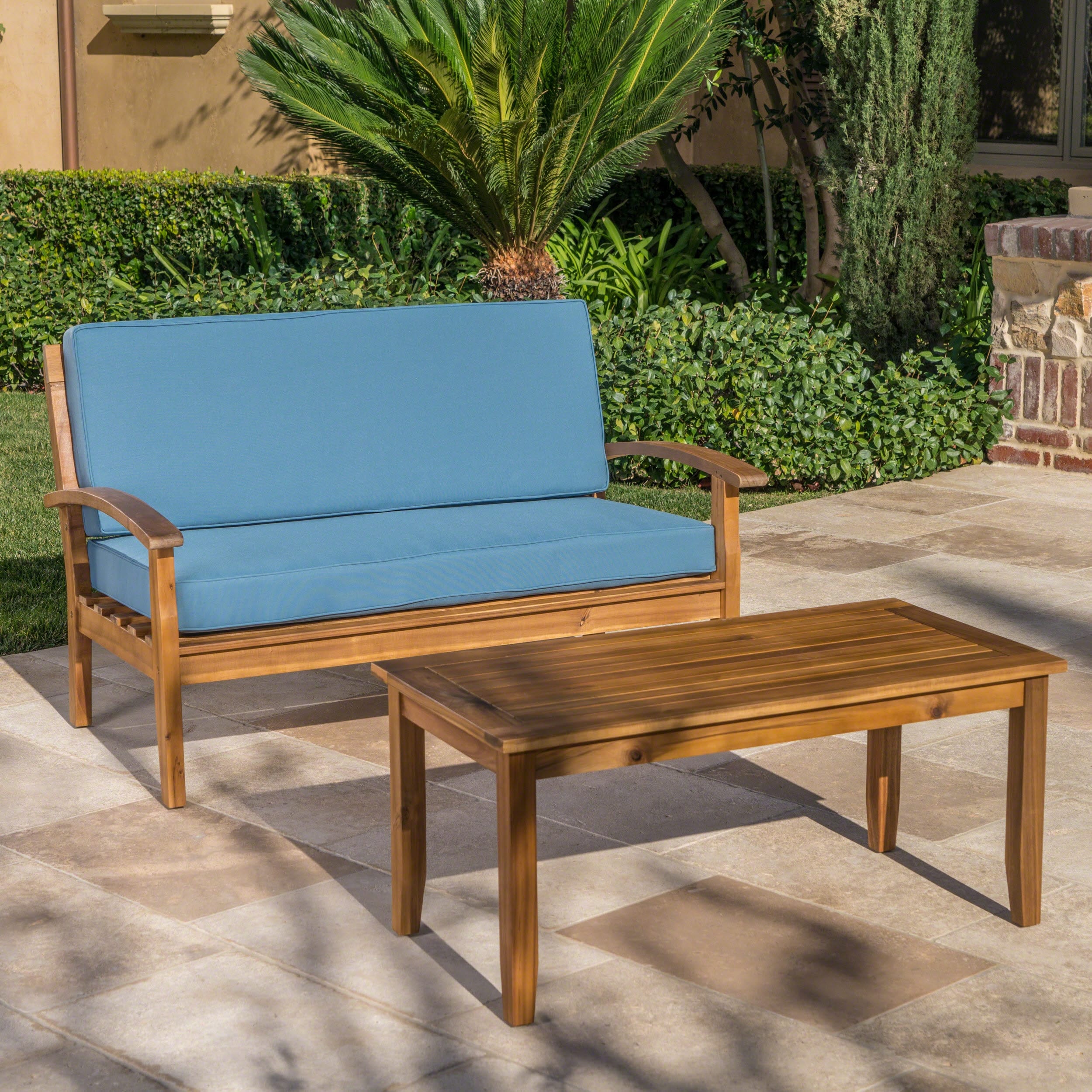 Teak Outdoor Loveseat And Coffee Table Set With Cushion Patio Conversation Set For Backyard Poolside