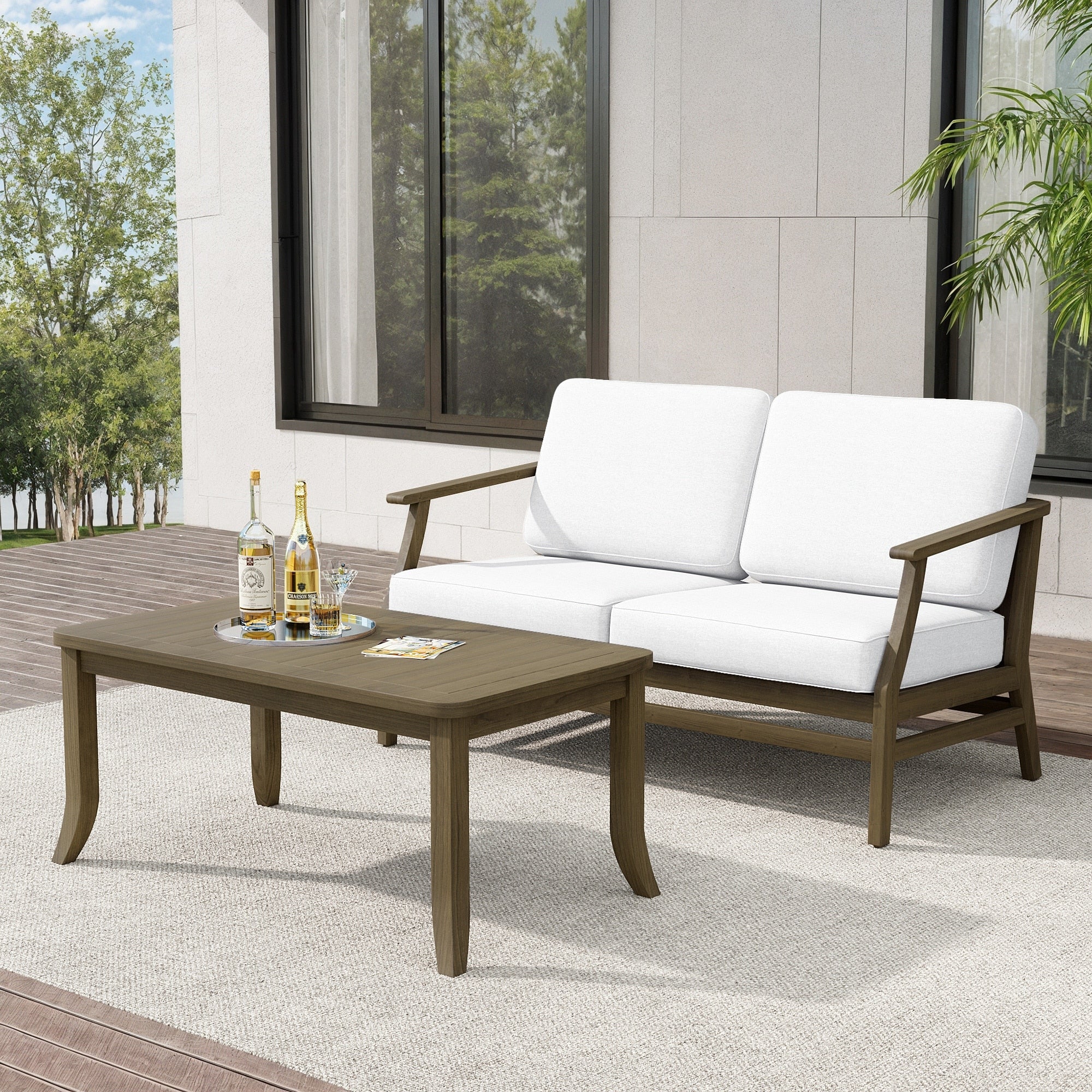 Teak Outdoor Patio Loveseat And Coffee Table Set 2 Piece
