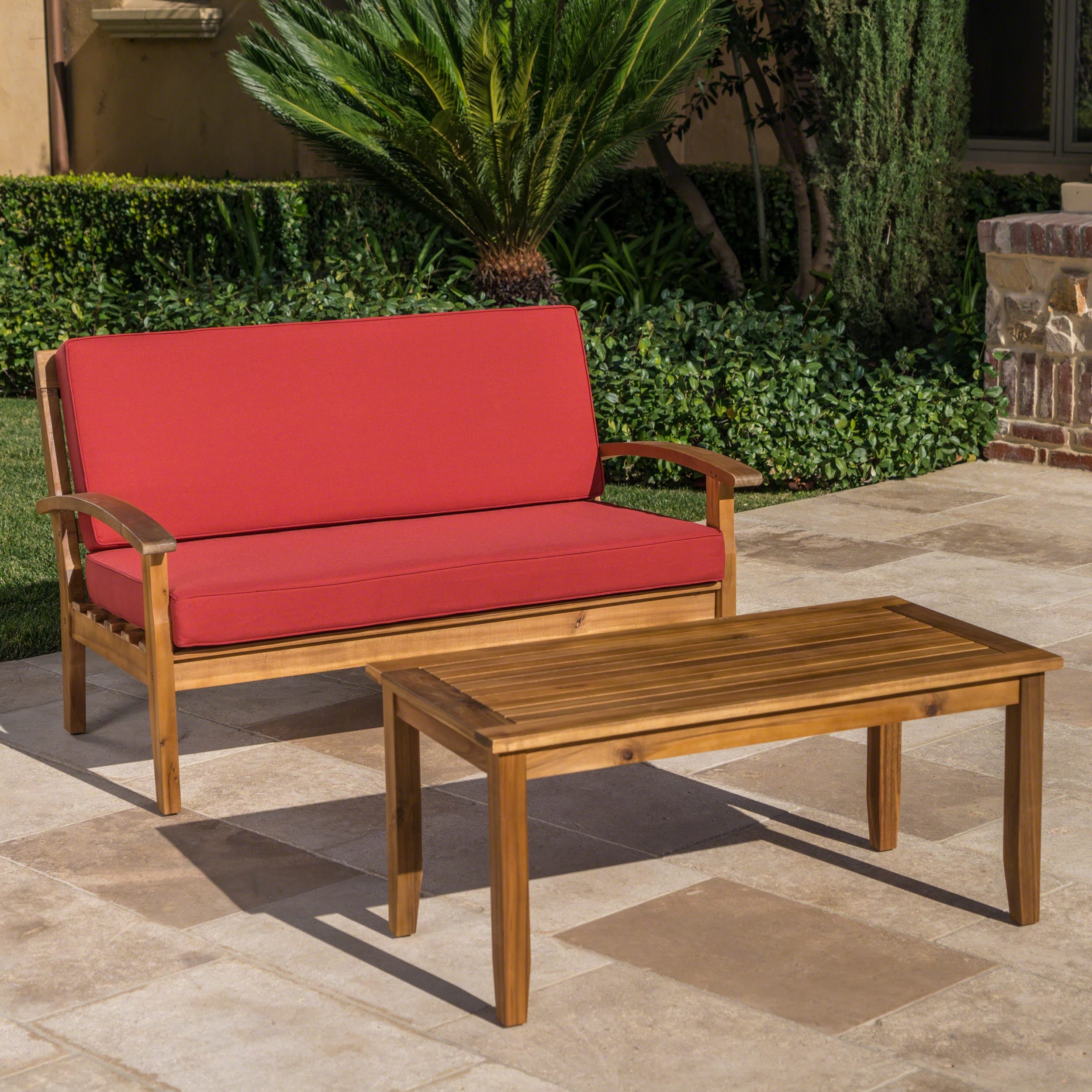 Teak Red Outdoor Loveseat And Coffee Table Set With Cushion Patio Conversation Set For Backyard Poolside